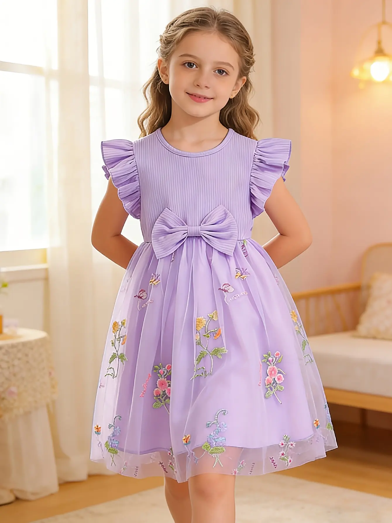 Detail 19 of Girls Ribbed Floral Embroidered Tulle Dress by LUNORIANA