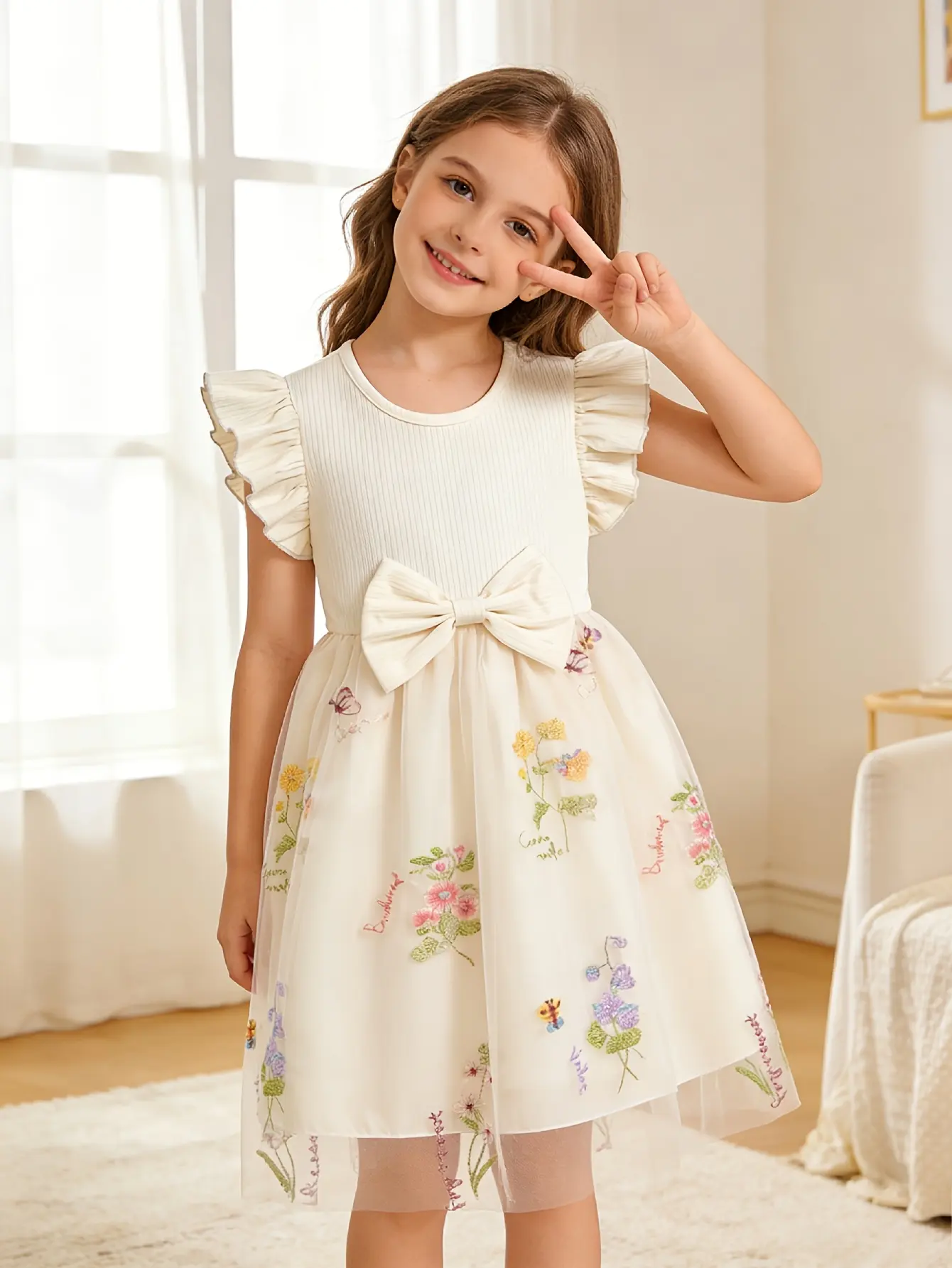 Detail 12 of Girls Ribbed Floral Embroidered Tulle Dress by LUNORIANA