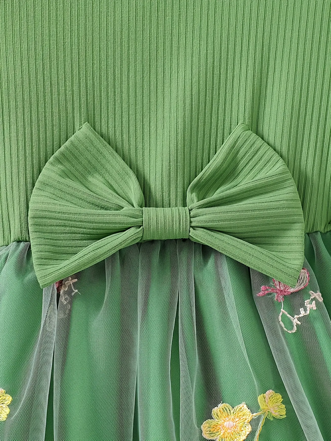 Detail 7 of Girls Ribbed Floral Embroidered Tulle Dress by LUNORIANA