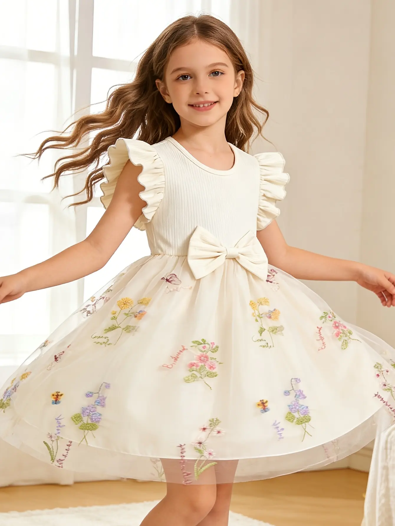 Detail 11 of Girls Ribbed Floral Embroidered Tulle Dress by LUNORIANA