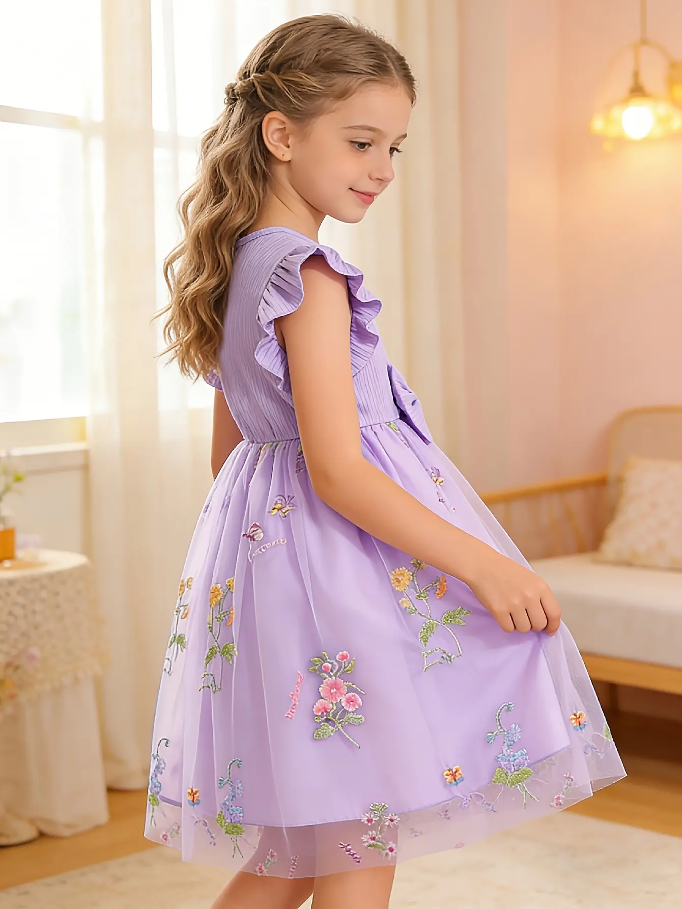 Detail 18 of Girls Ribbed Floral Embroidered Tulle Dress by LUNORIANA
