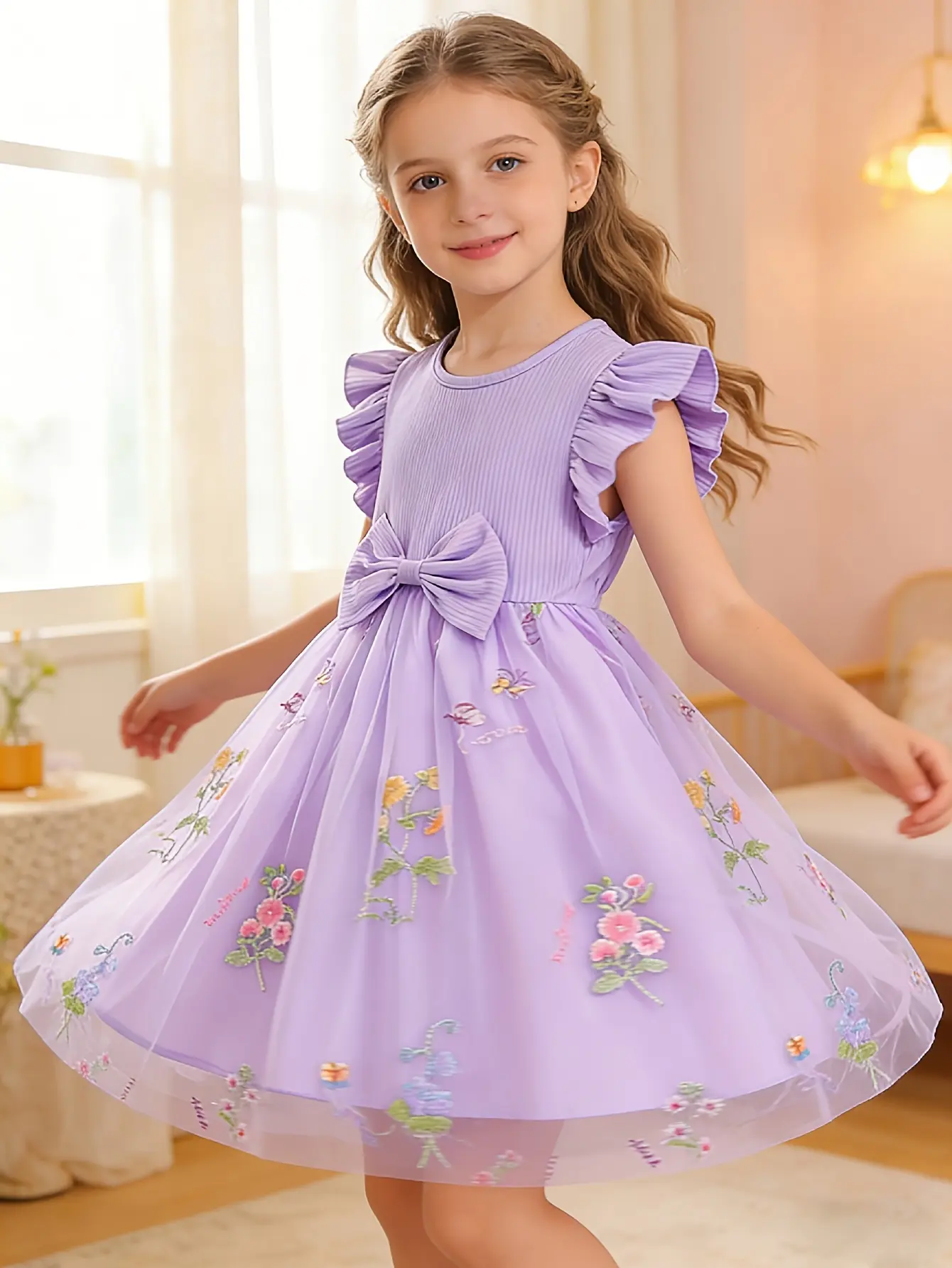 Detail 16 of Girls Ribbed Floral Embroidered Tulle Dress by LUNORIANA