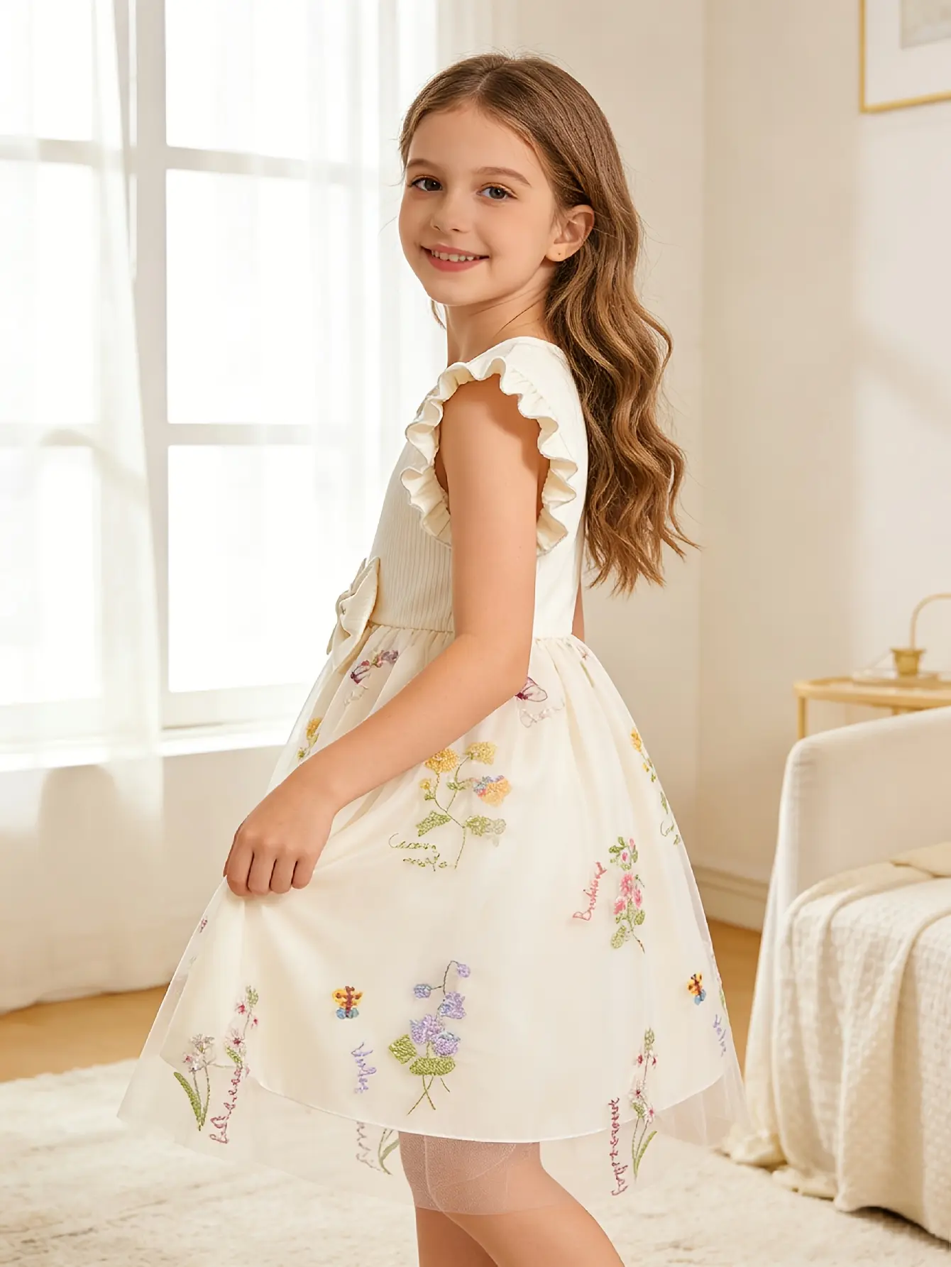 Detail 10 of Girls Ribbed Floral Embroidered Tulle Dress by LUNORIANA