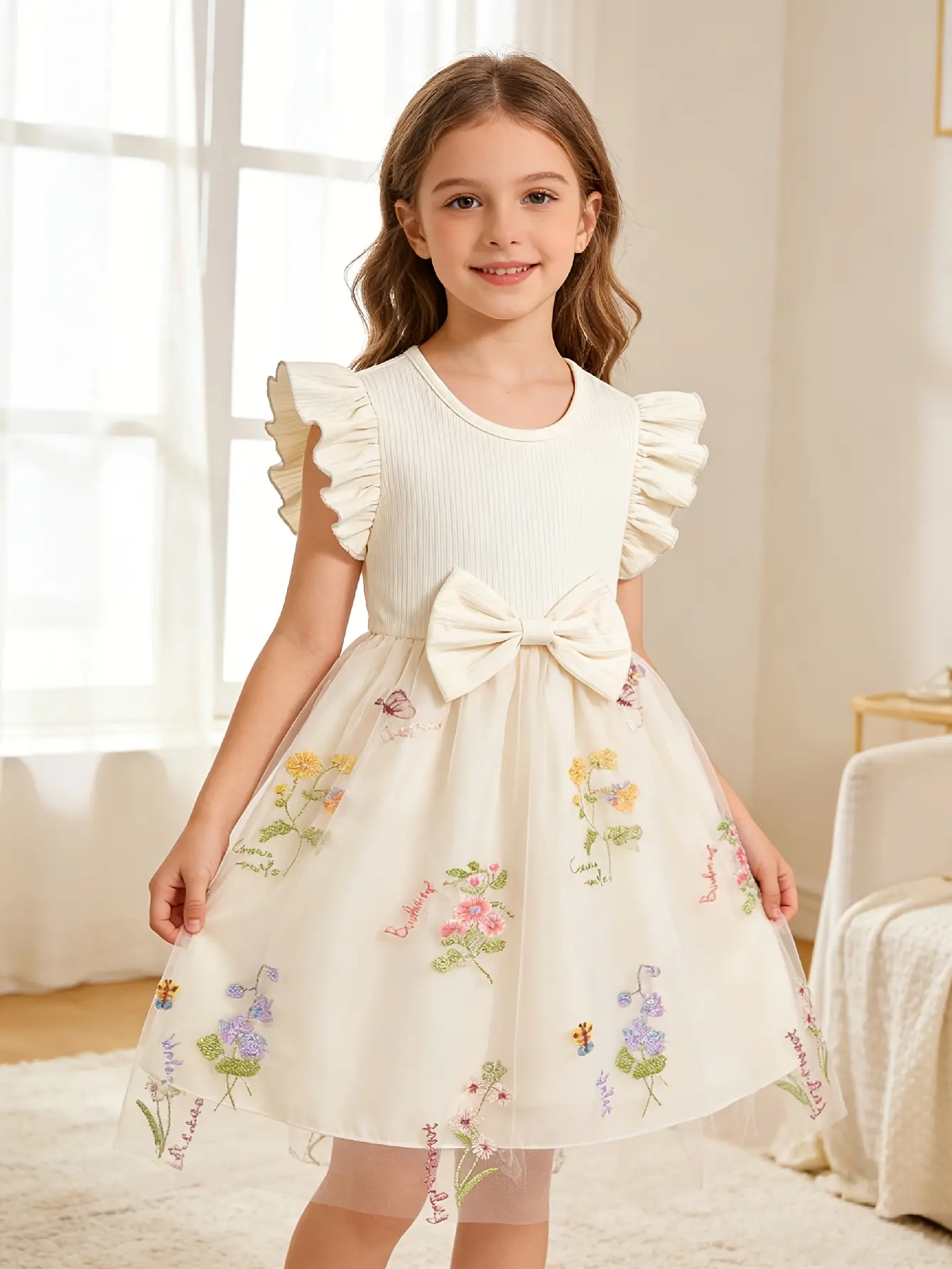 Girls Ribbed Floral Embroidered Tulle Dress