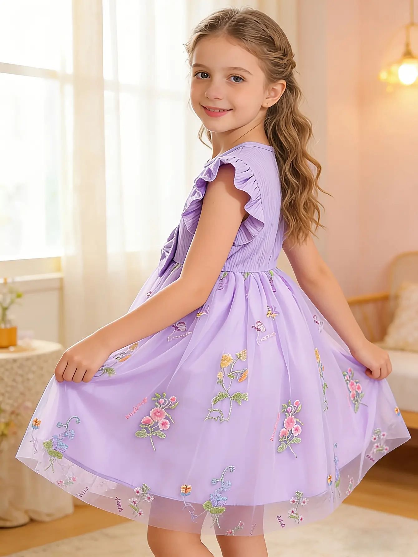Detail 17 of Girls Ribbed Floral Embroidered Tulle Dress by LUNORIANA