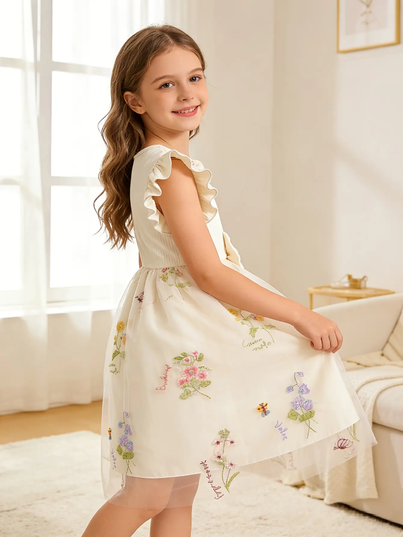 Detail 13 of Girls Ribbed Floral Embroidered Tulle Dress by LUNORIANA