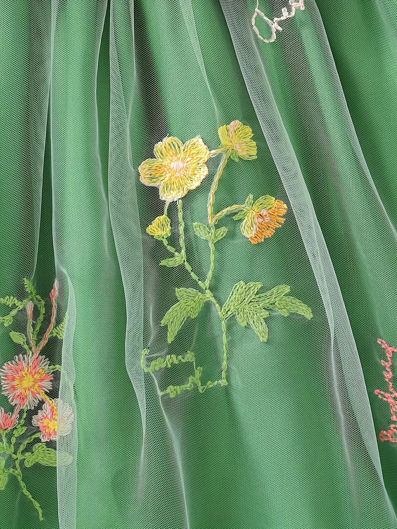 Detail 9 of Girls Ribbed Floral Embroidered Tulle Dress by LUNORIANA