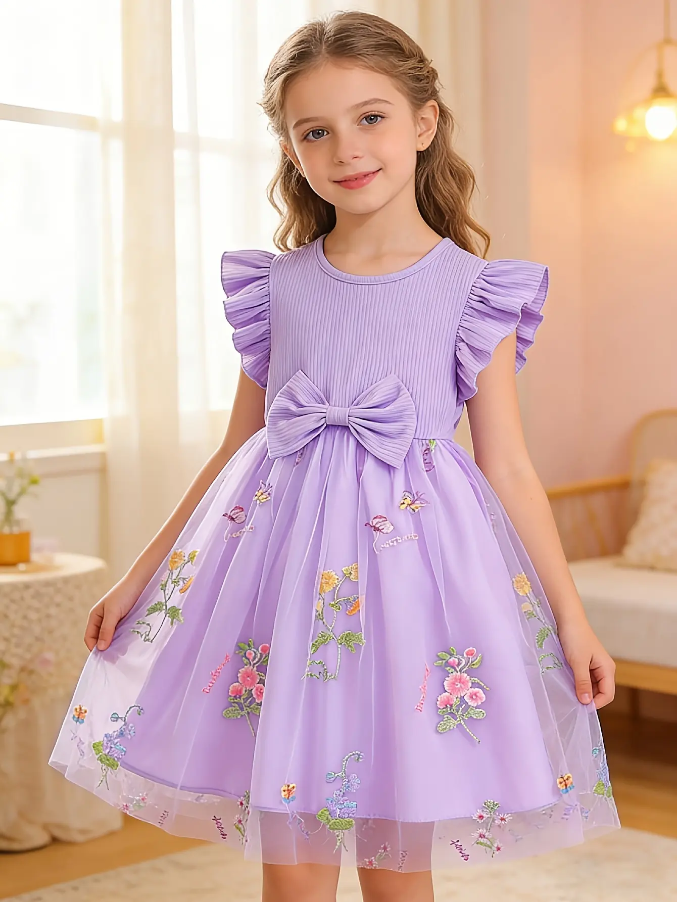 Girls Ribbed Floral Embroidered Tulle Dress