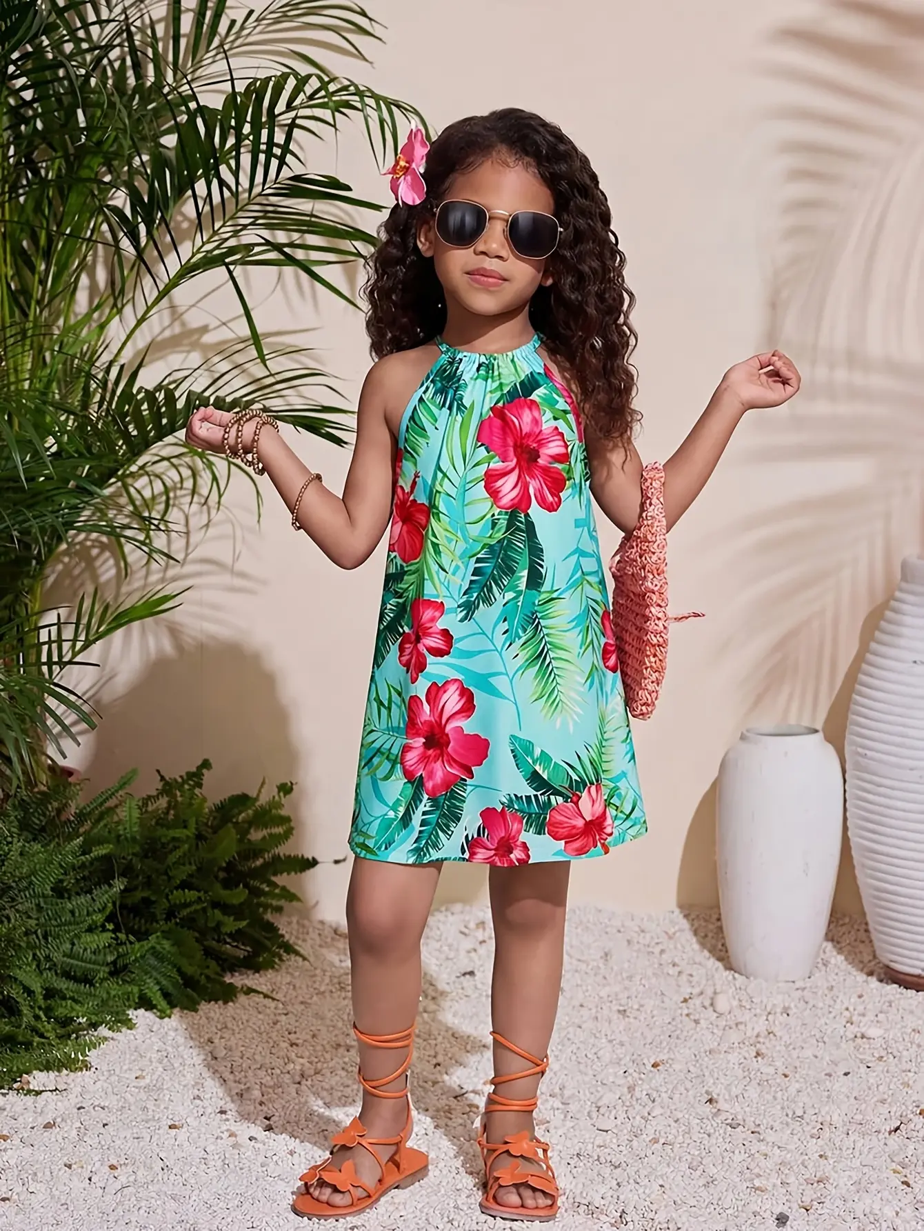 Detail 3 of Girls Tropical Floral Halter Dress by LUNORIANA