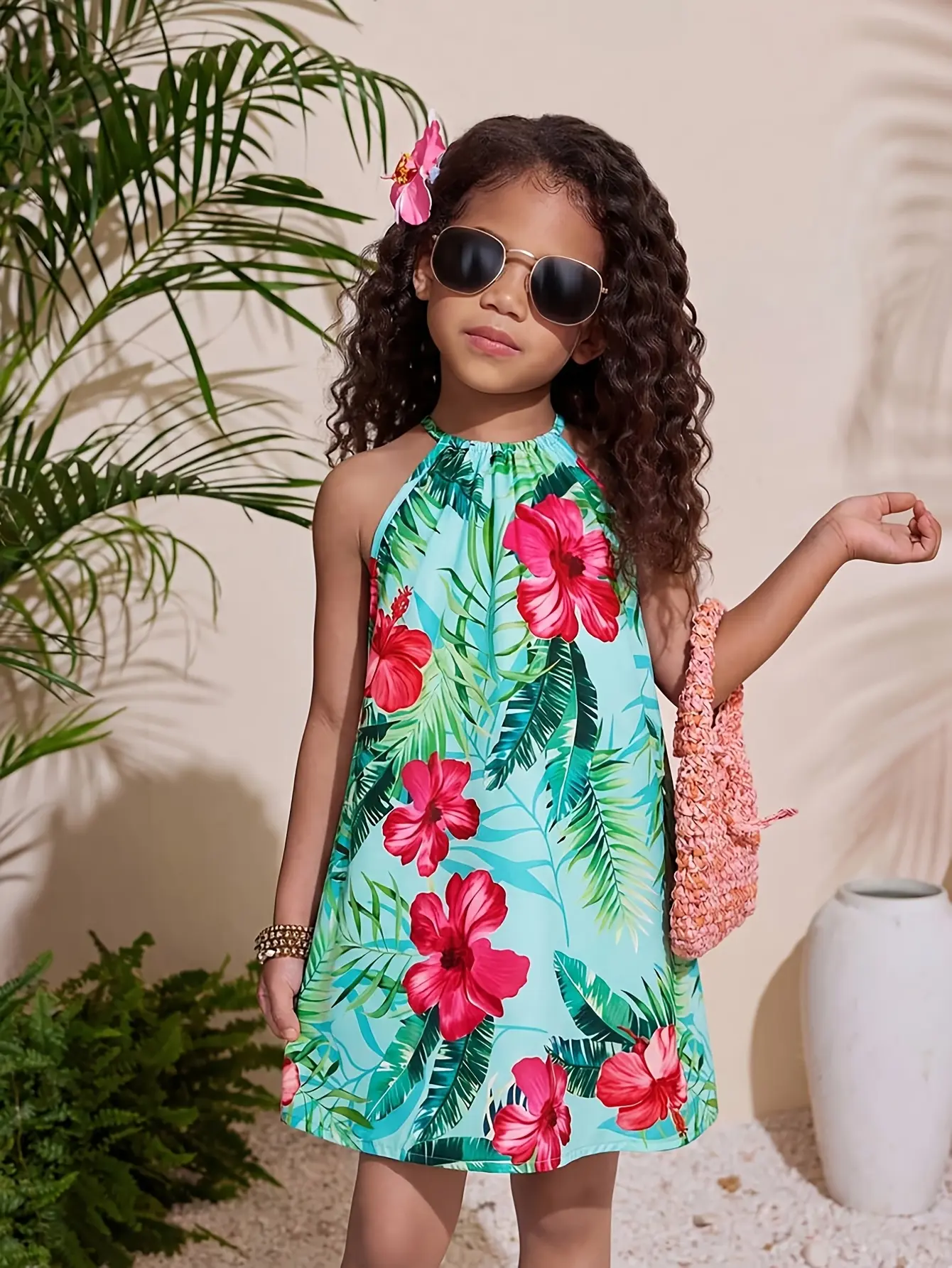 Detail 4 of Girls Tropical Floral Halter Dress by LUNORIANA