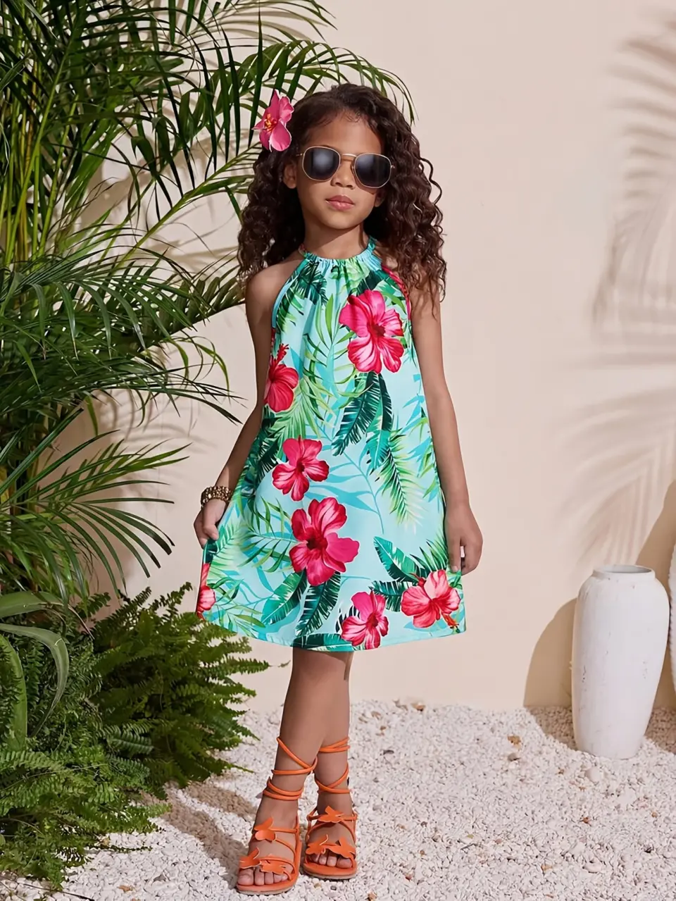 Girls Tropical Floral Halter Dress