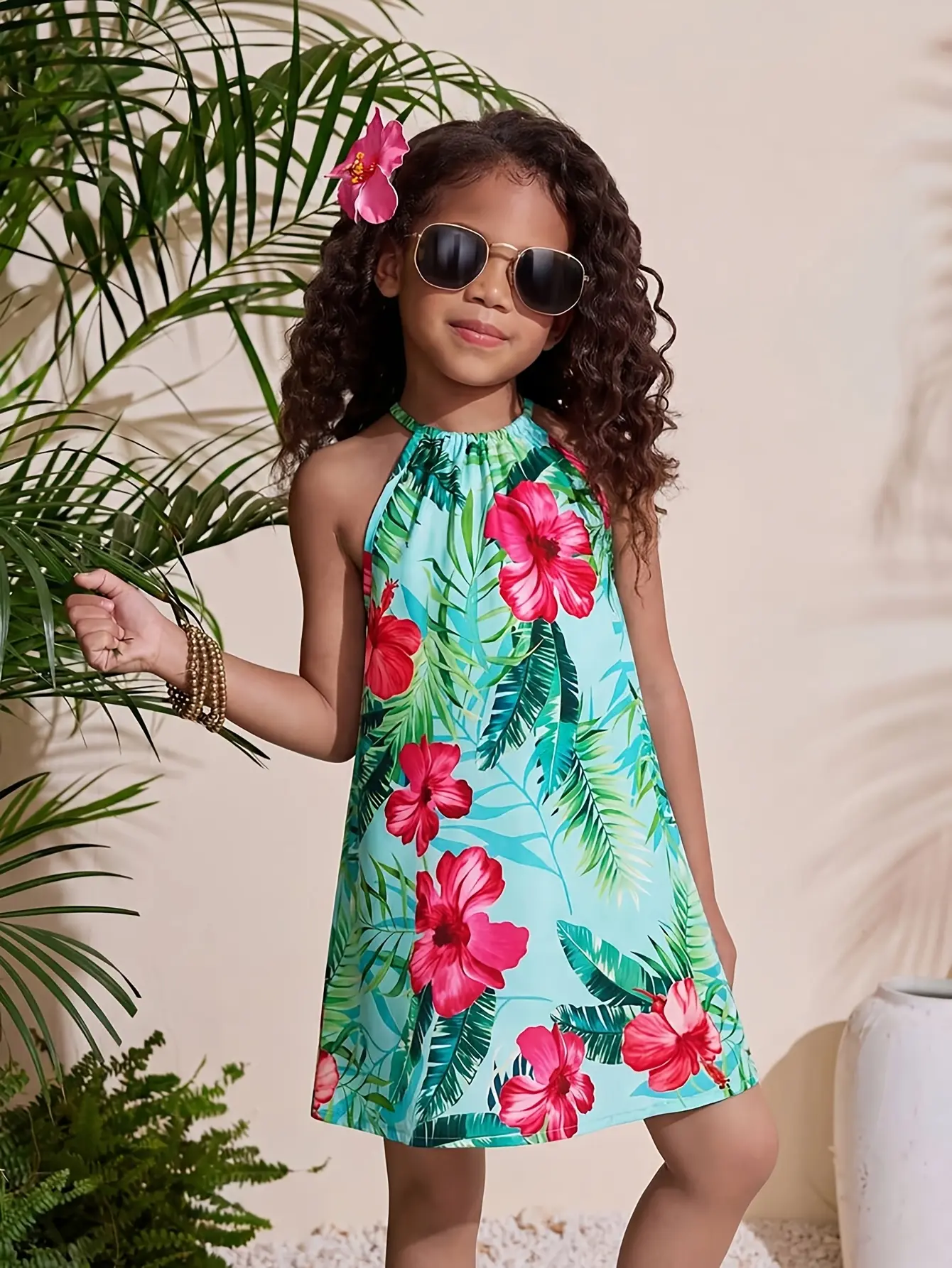Detail 2 of Girls Tropical Floral Halter Dress by LUNORIANA