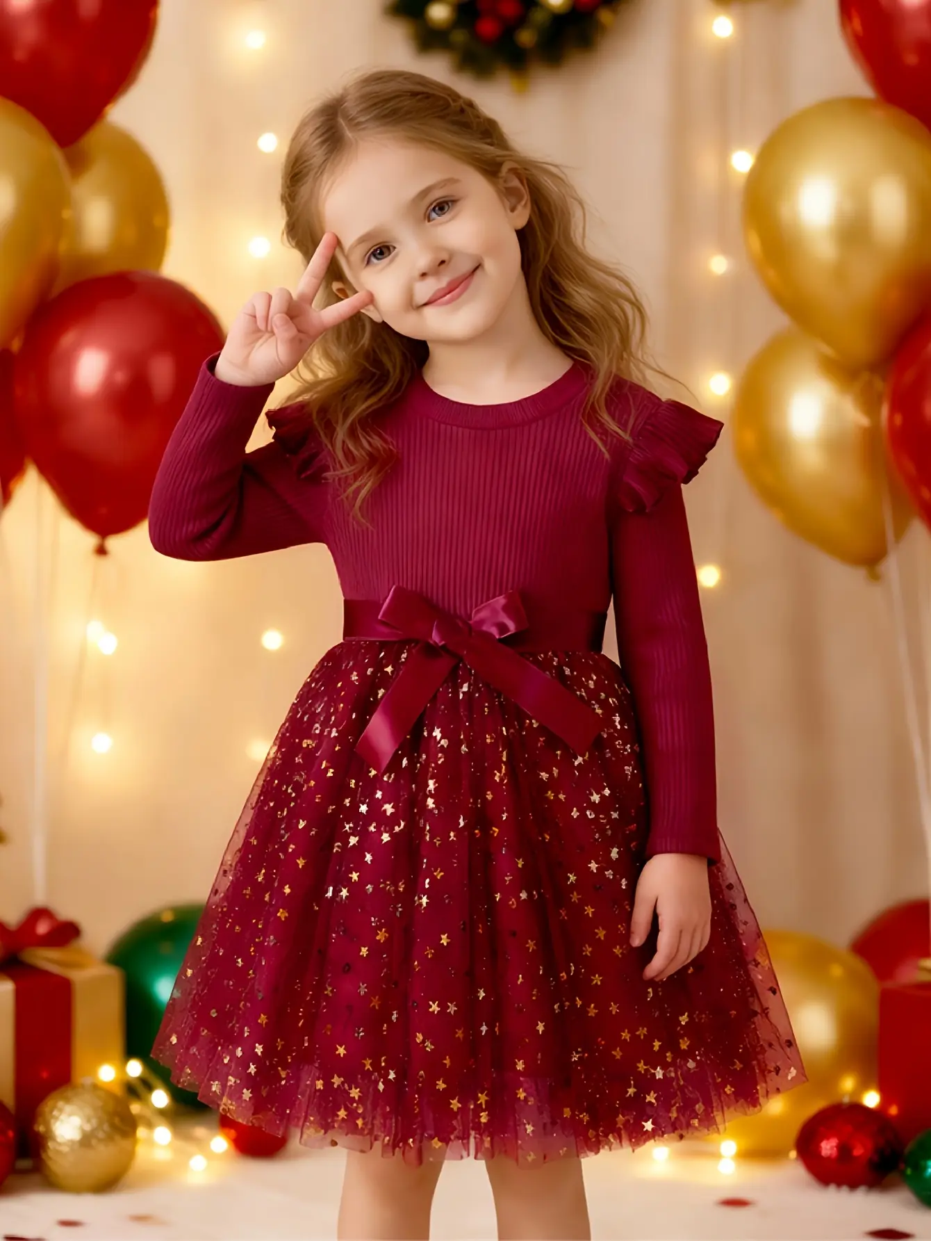 Detail 3 of Girls Red Long Sleeve Star Sequin Tulle Dress by LUNORIANA