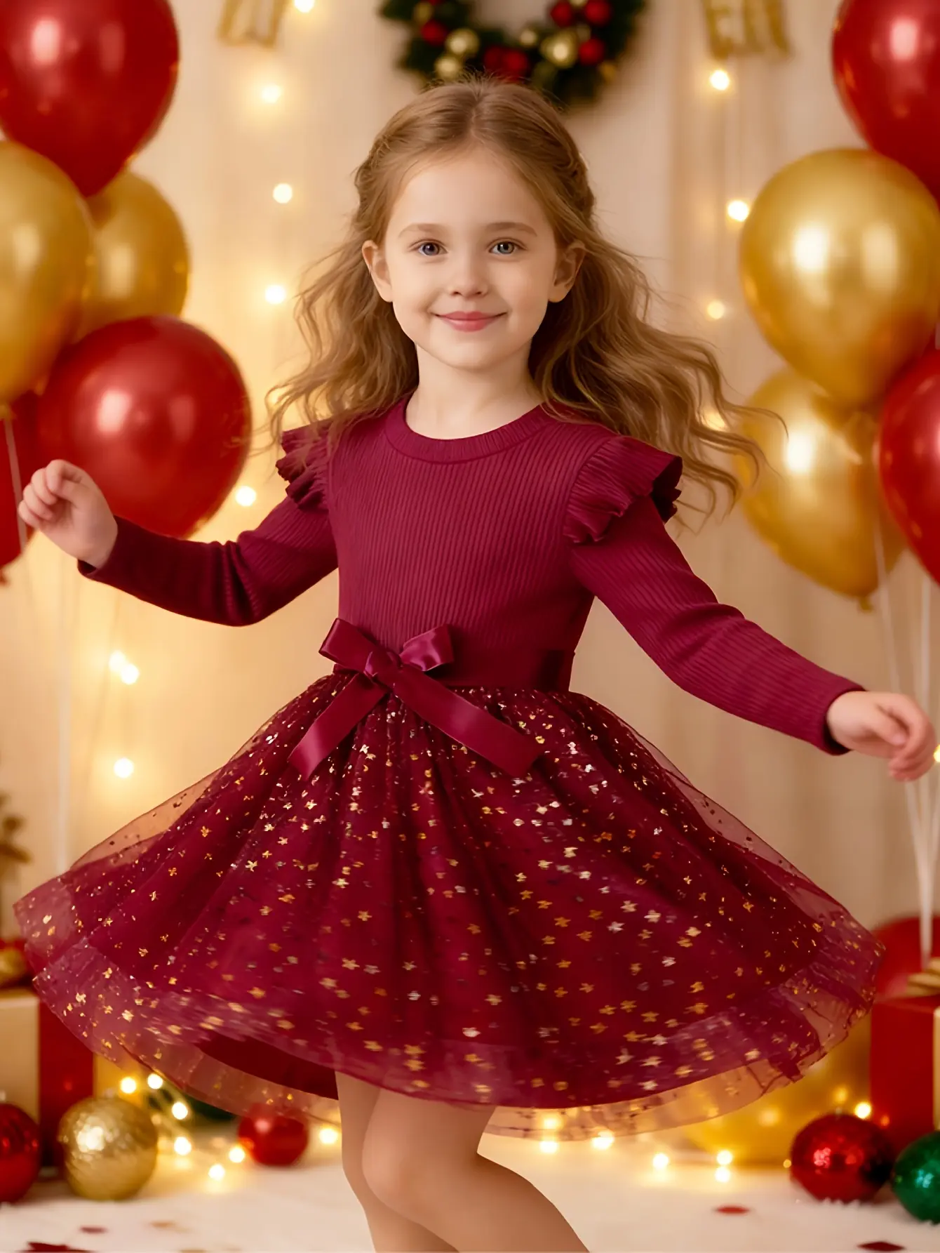 Detail 1 of Girls Red Long Sleeve Star Sequin Tulle Dress by LUNORIANA
