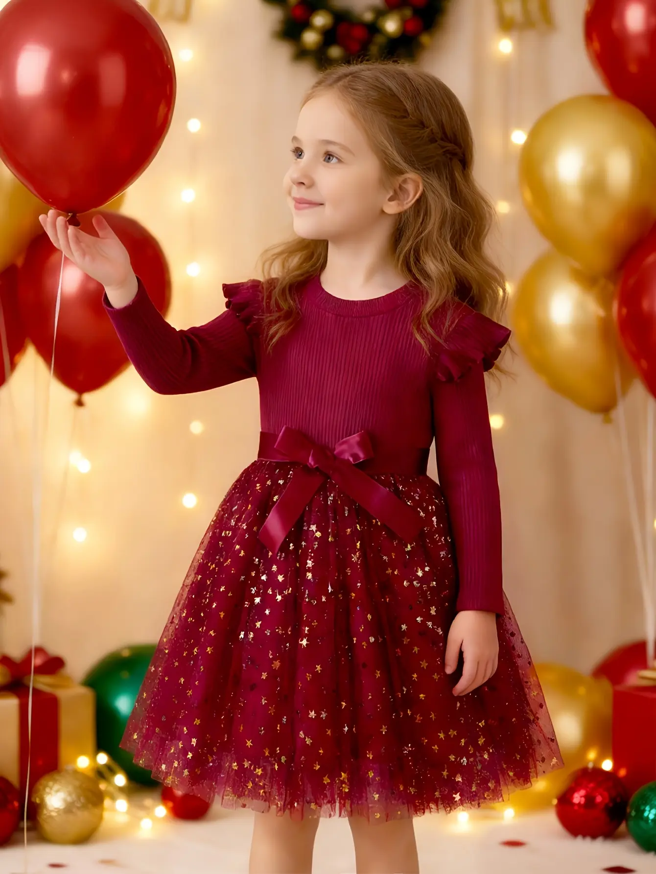 Detail 2 of Girls Red Long Sleeve Star Sequin Tulle Dress by LUNORIANA