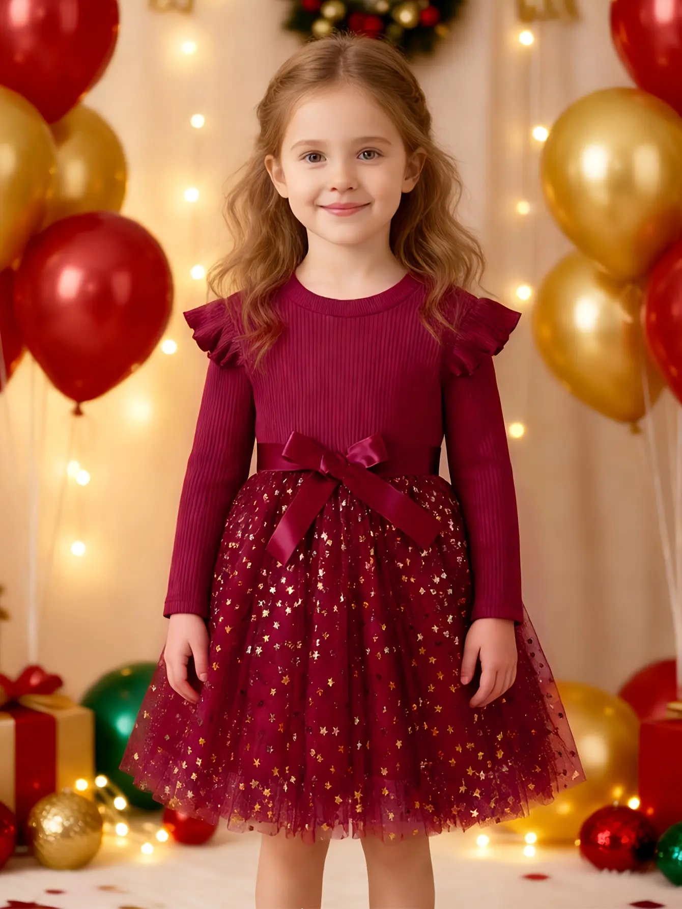 Detail 4 of Girls Red Long Sleeve Star Sequin Tulle Dress by LUNORIANA