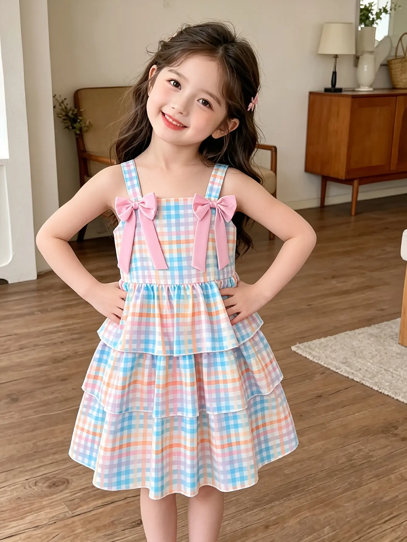 Detail 4 of Girls Plaid Tiered Cami Dress with Bow Detail by LUNORIANA