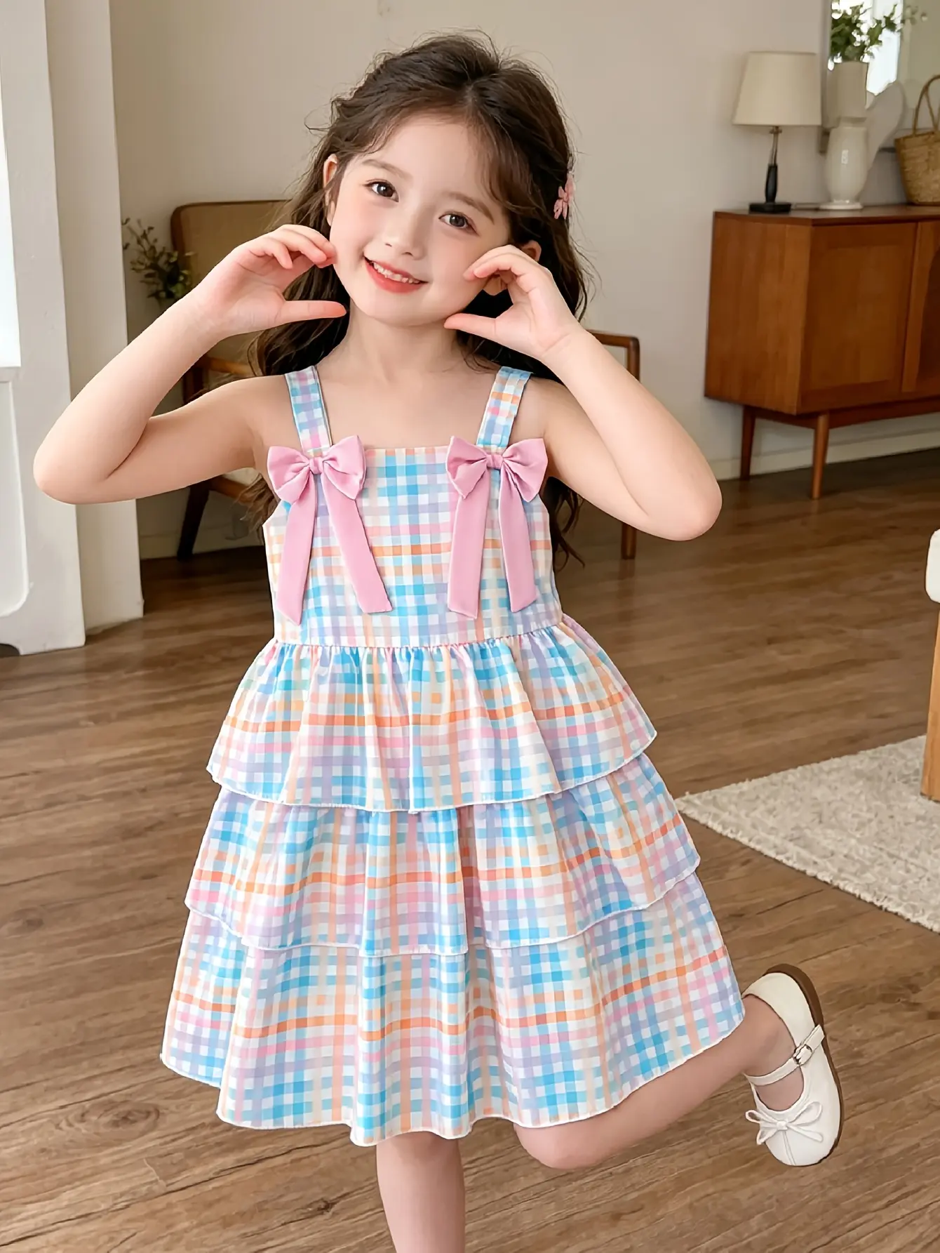 Detail 6 of Girls Plaid Tiered Cami Dress with Bow Detail by LUNORIANA