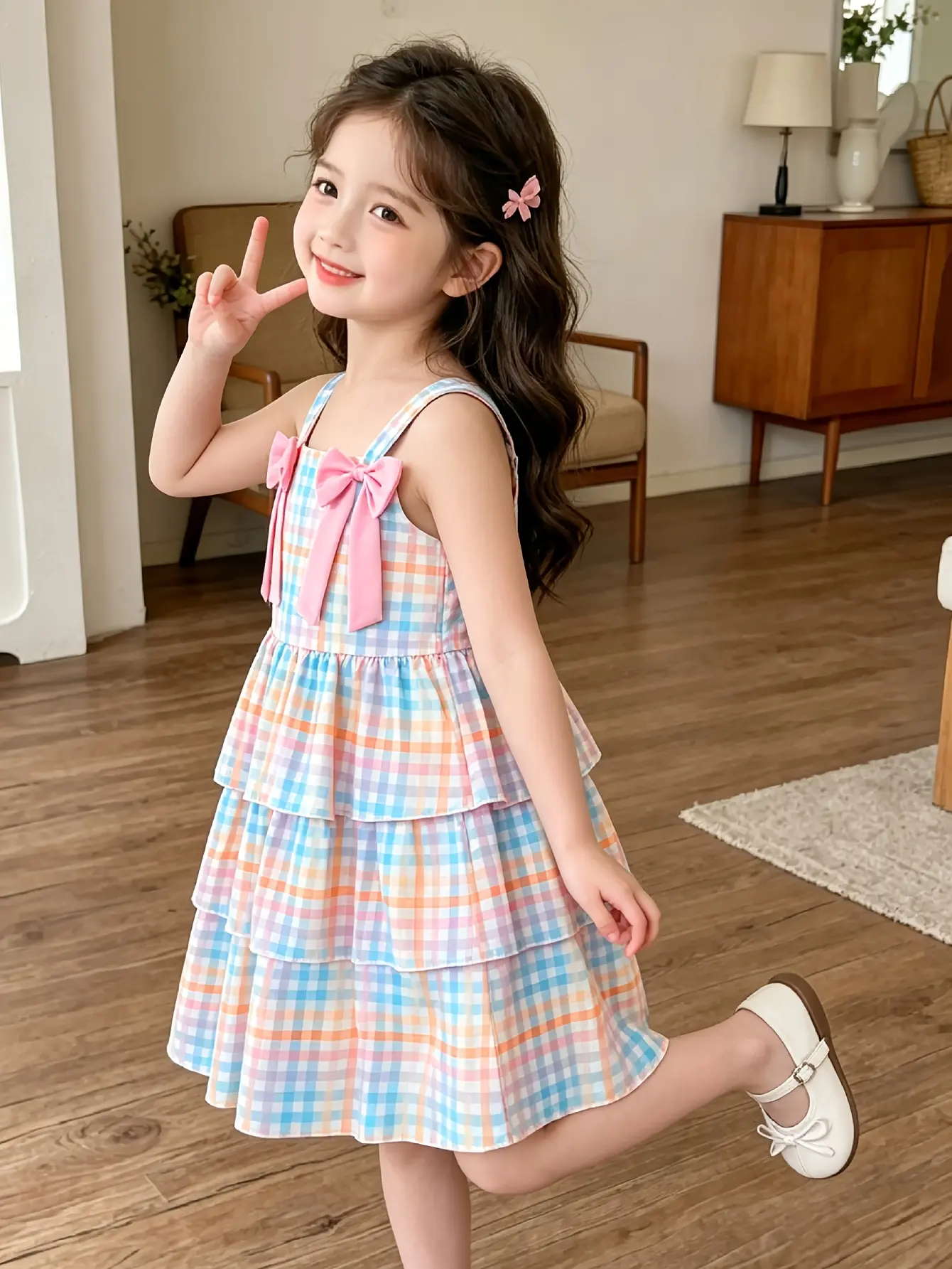 Detail 2 of Girls Plaid Tiered Cami Dress with Bow Detail by LUNORIANA