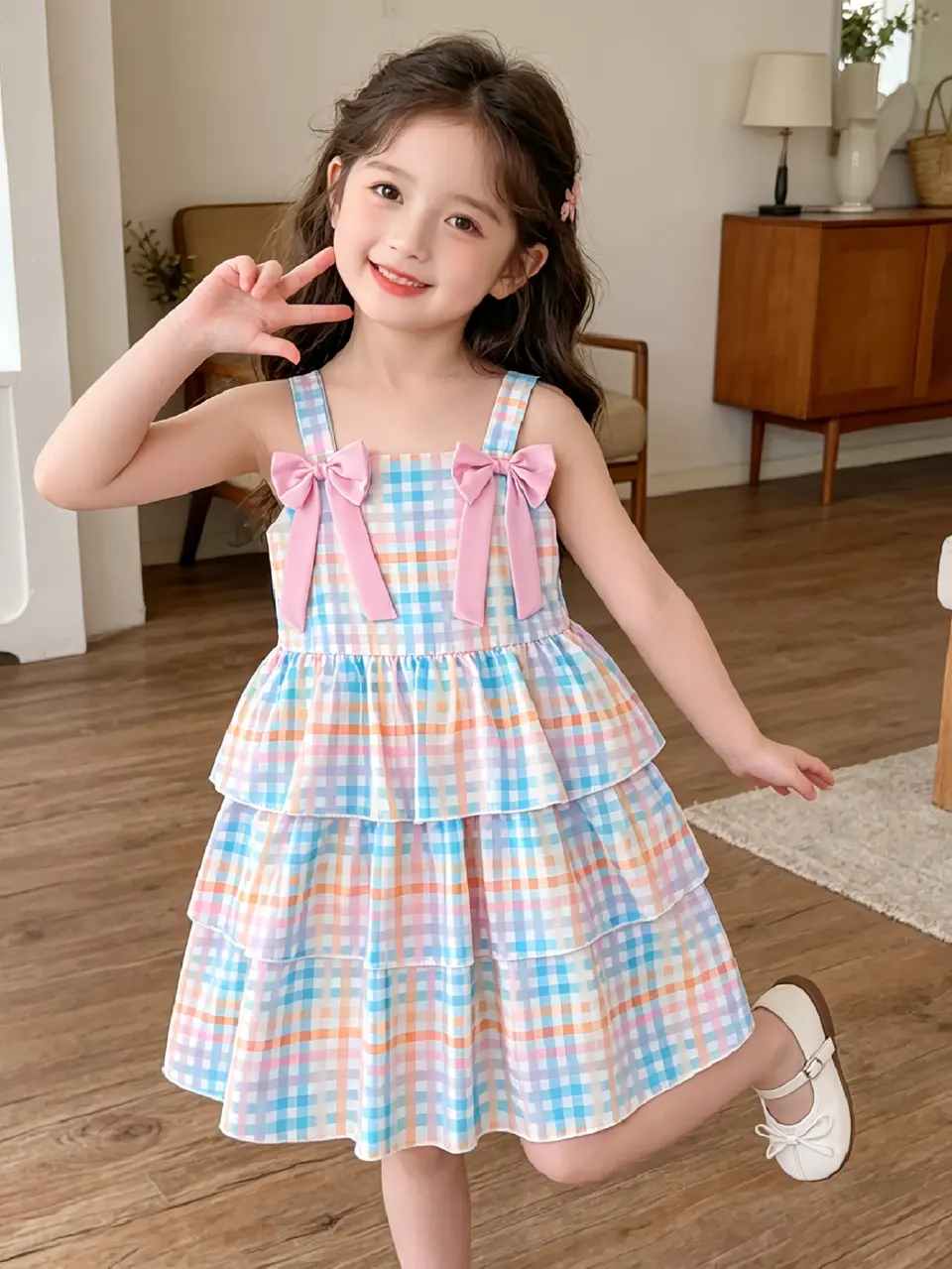 Girls Plaid Tiered Cami Dress with Bow Detail