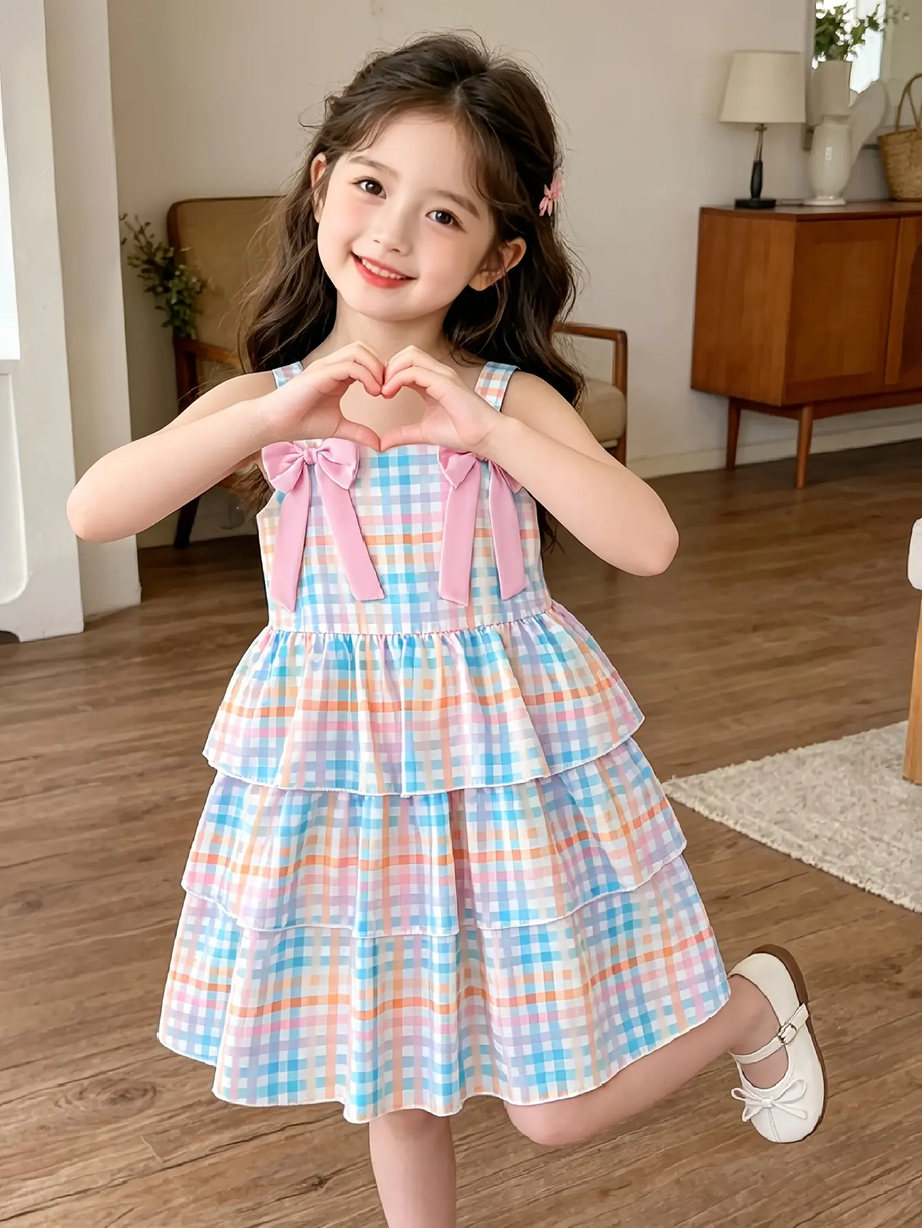 Detail 3 of Girls Plaid Tiered Cami Dress with Bow Detail by LUNORIANA