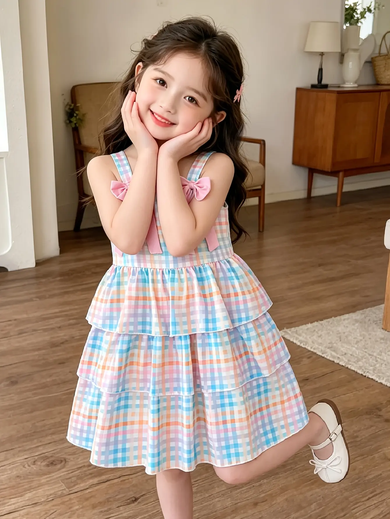 Detail 5 of Girls Plaid Tiered Cami Dress with Bow Detail by LUNORIANA