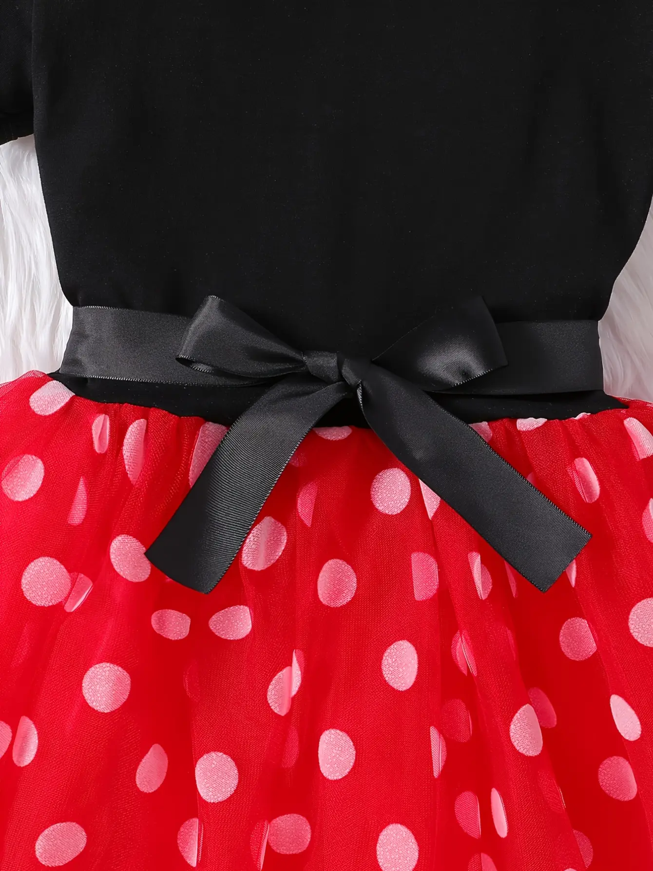 Detail 6 of Girls Black Polka Dot Tulle Dress with Red Skirt by LUNORIANA
