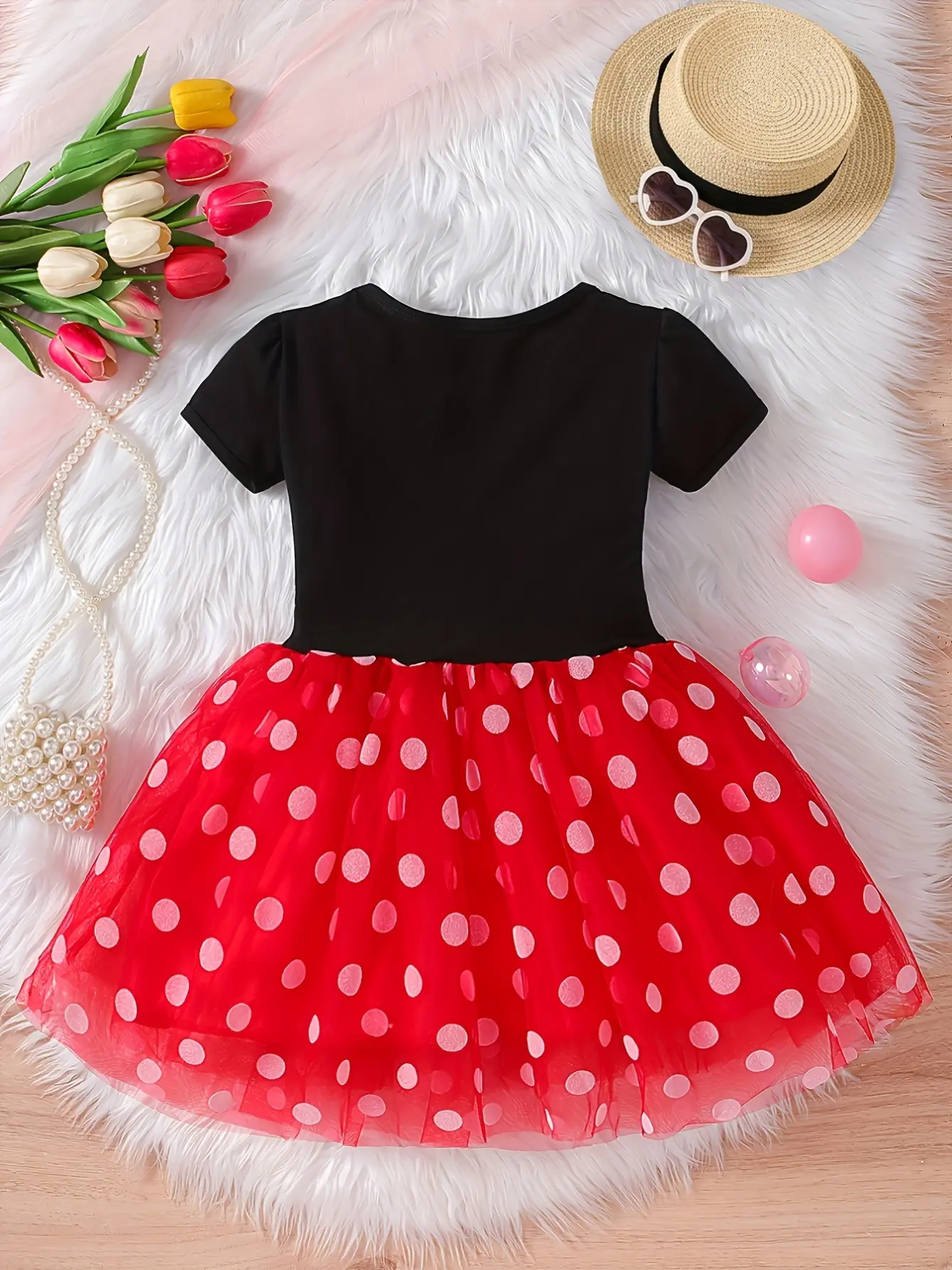 Detail 1 of Girls Black Polka Dot Tulle Dress with Red Skirt by LUNORIANA