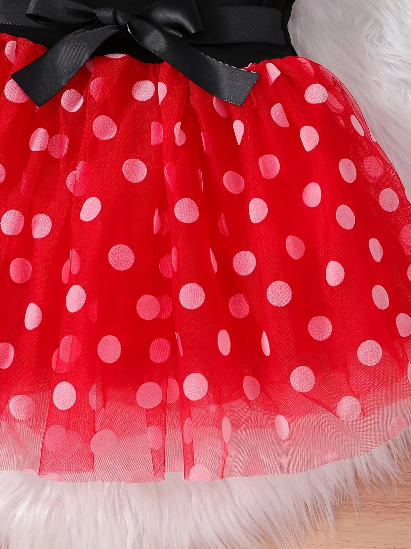 Detail 5 of Girls Black Polka Dot Tulle Dress with Red Skirt by LUNORIANA