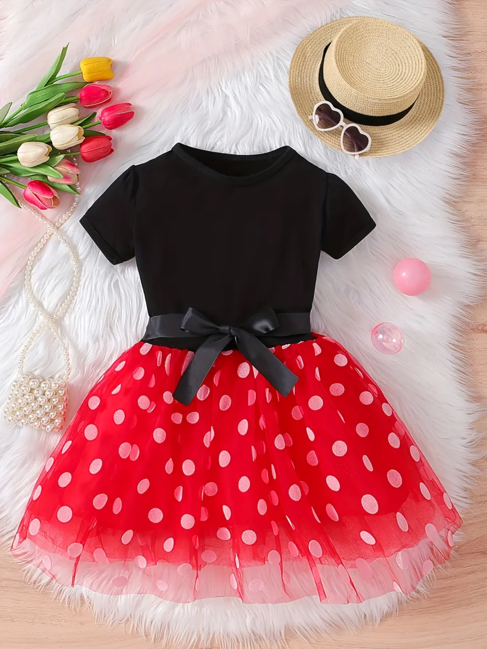 Girls Black Polka Dot Tulle Dress with Red Skirt