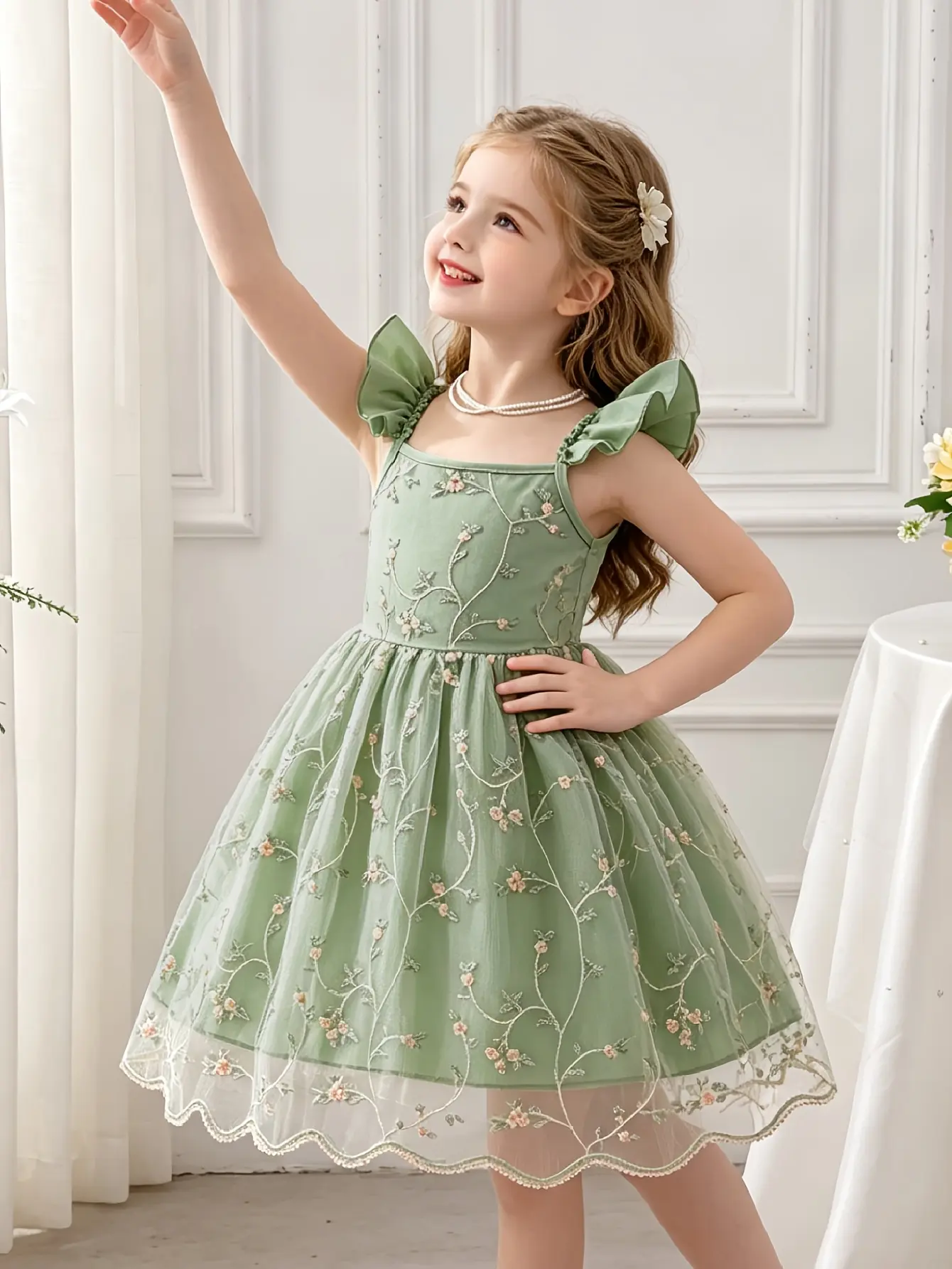 Detail 1 of Girls Floral Embroidered Tulle Strap Dress by LUNORIANA