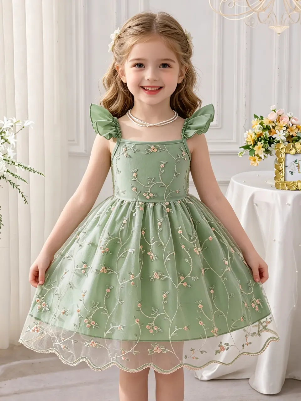Girls Floral Embroidered Tulle Strap Dress