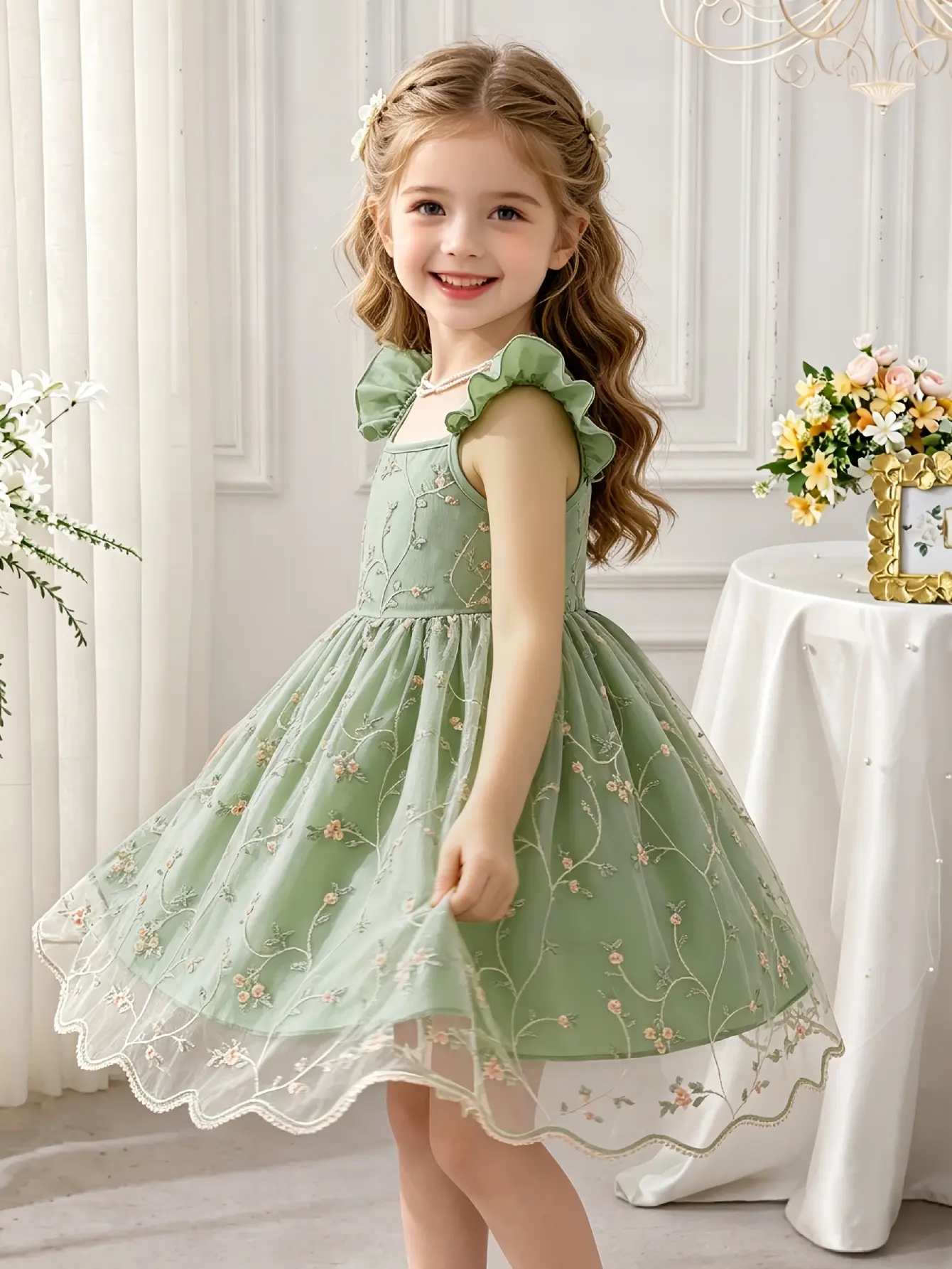 Detail 3 of Girls Floral Embroidered Tulle Strap Dress by LUNORIANA