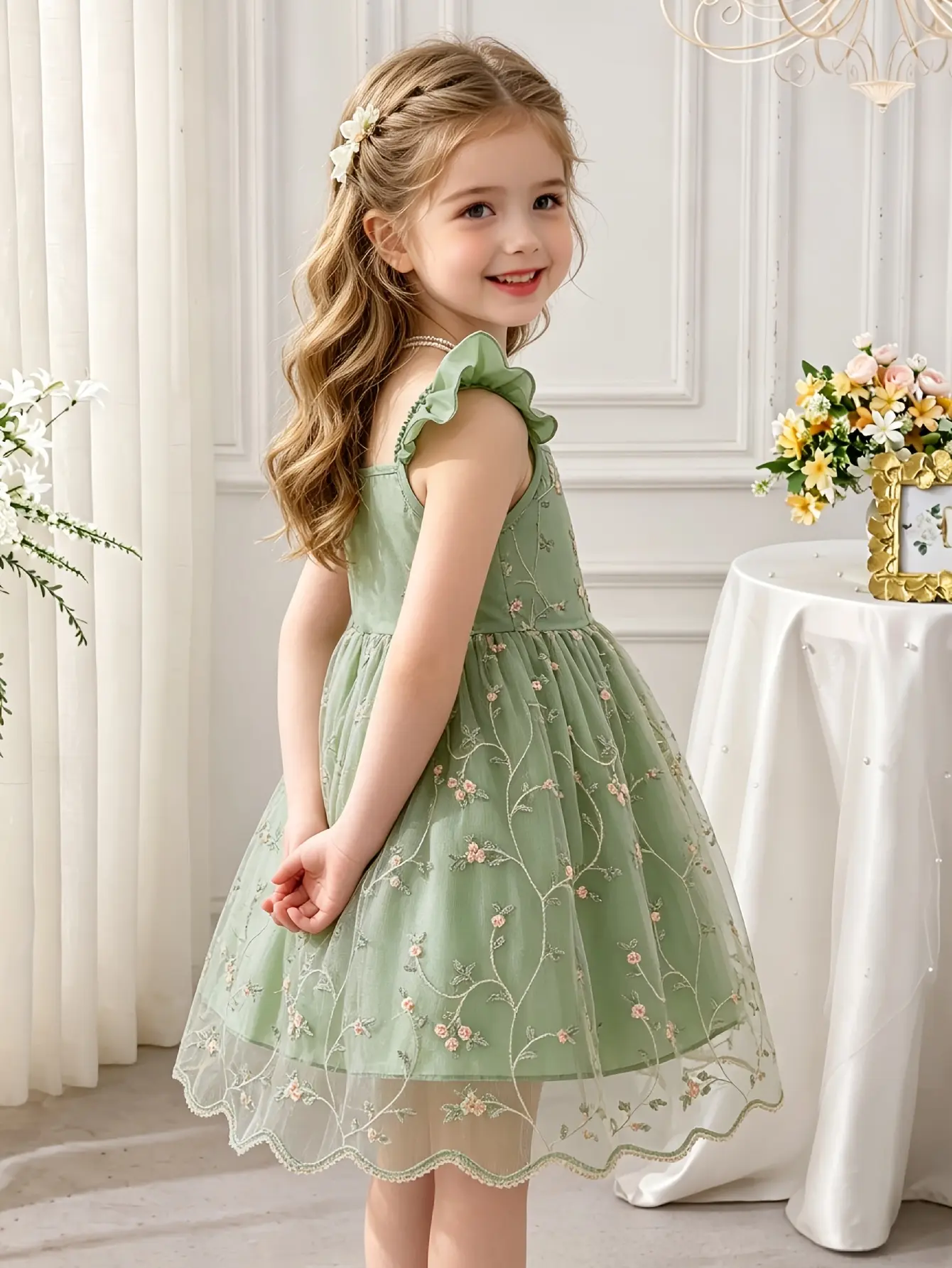 Detail 2 of Girls Floral Embroidered Tulle Strap Dress by LUNORIANA