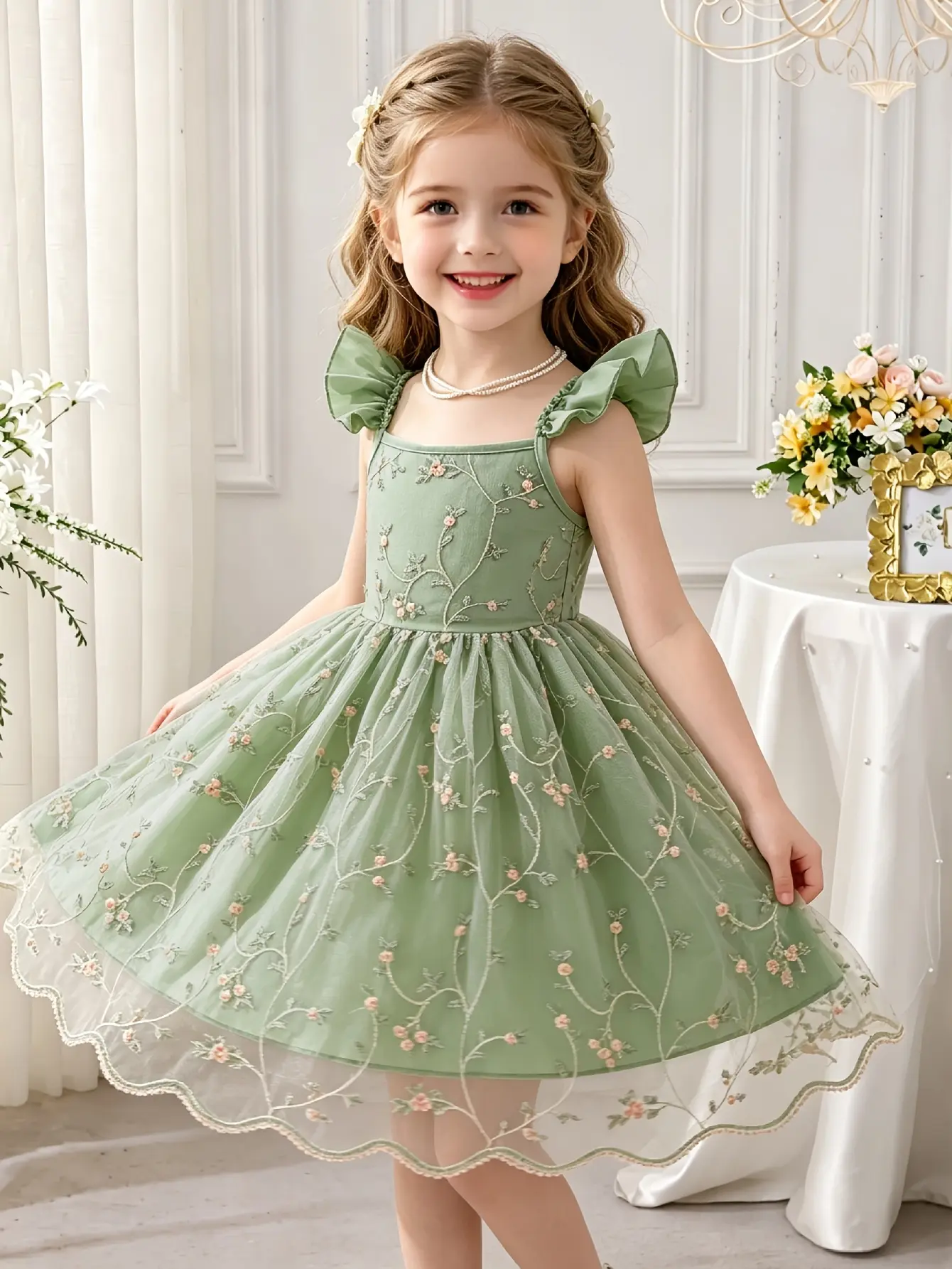 Detail 4 of Girls Floral Embroidered Tulle Strap Dress by LUNORIANA
