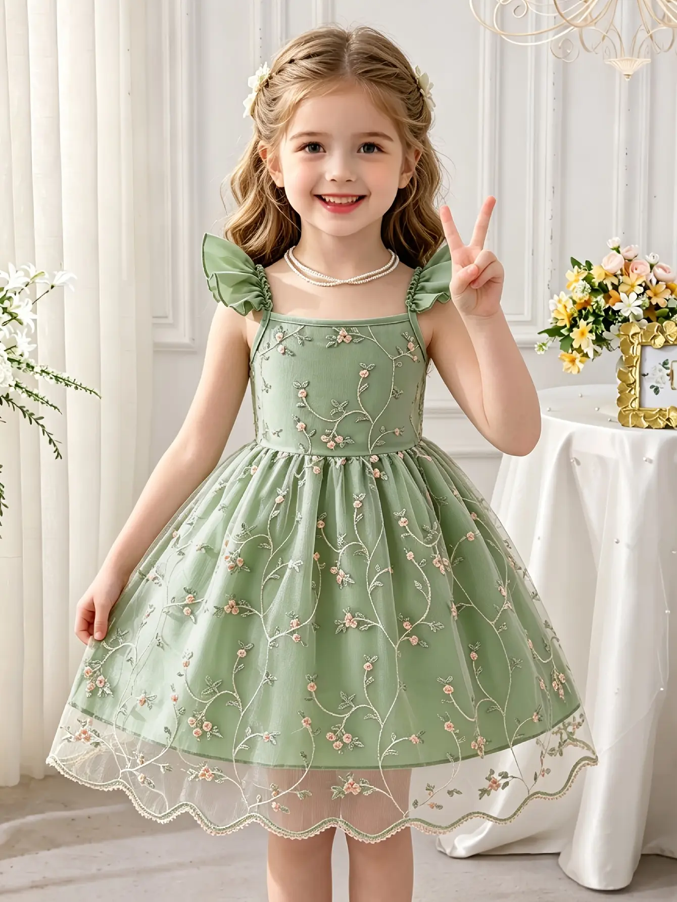 Detail 5 of Girls Floral Embroidered Tulle Strap Dress by LUNORIANA