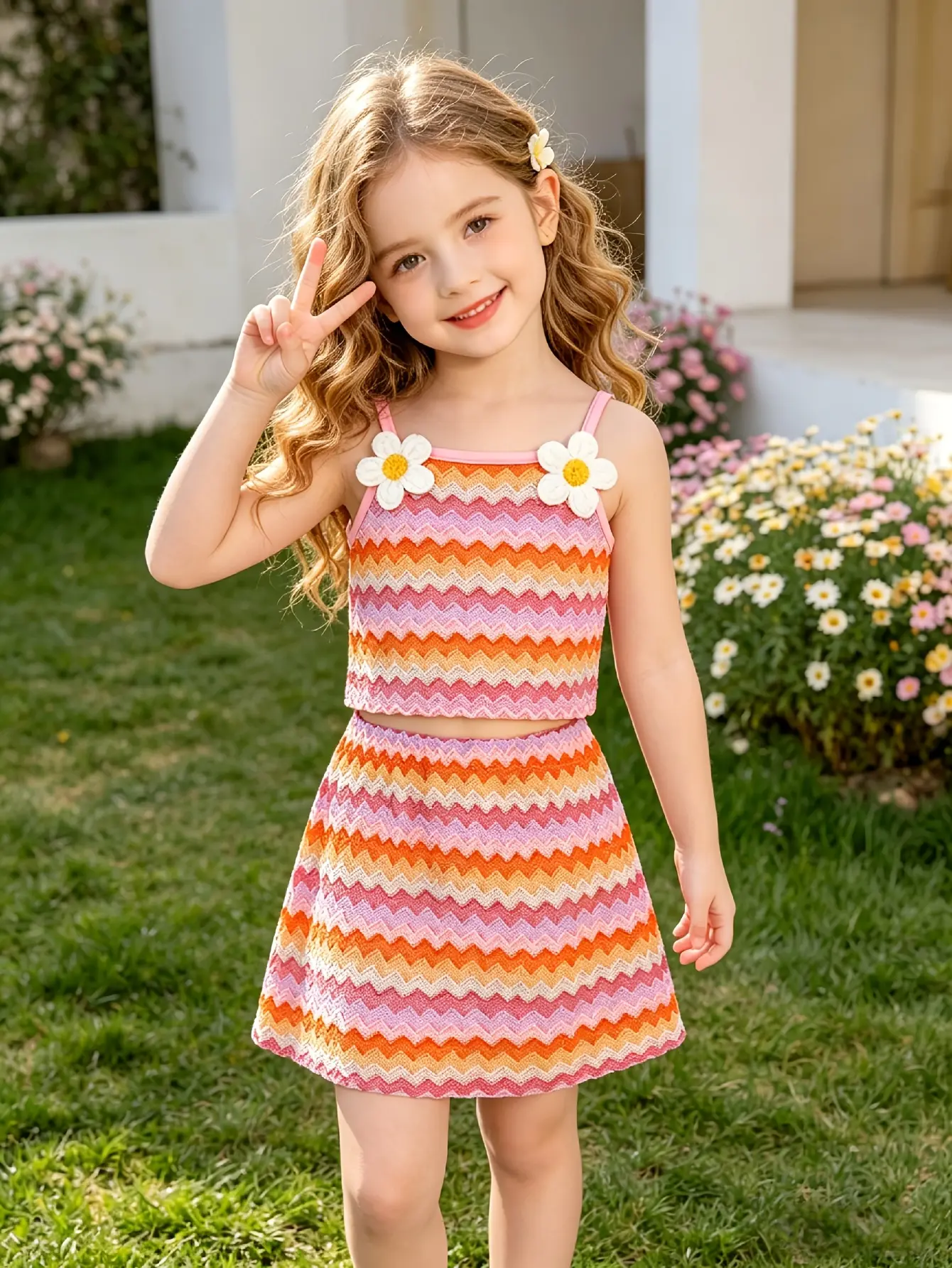 Detail 5 of Girls Orange Striped Cami Top and Skirt Set by LUNORIANA