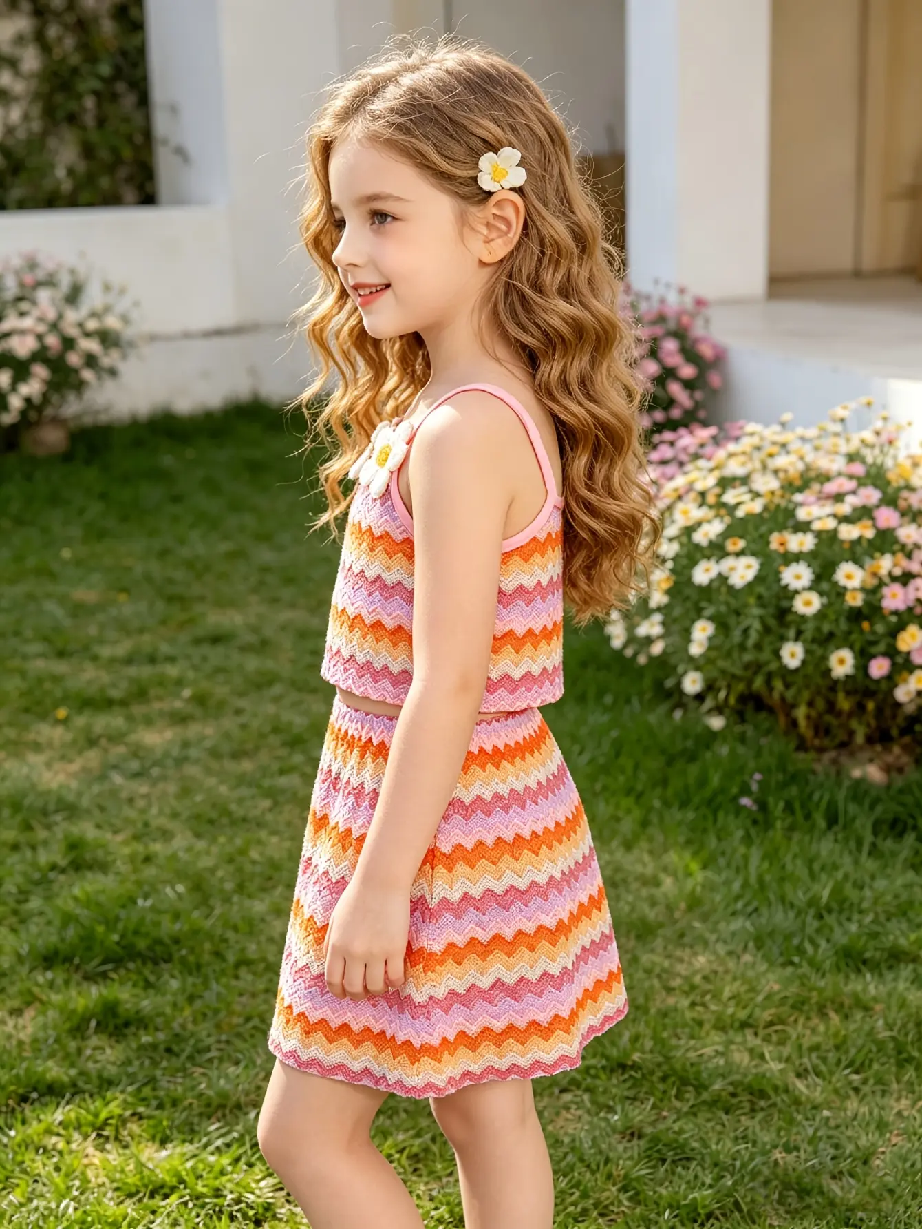 Detail 3 of Girls Orange Striped Cami Top and Skirt Set by LUNORIANA