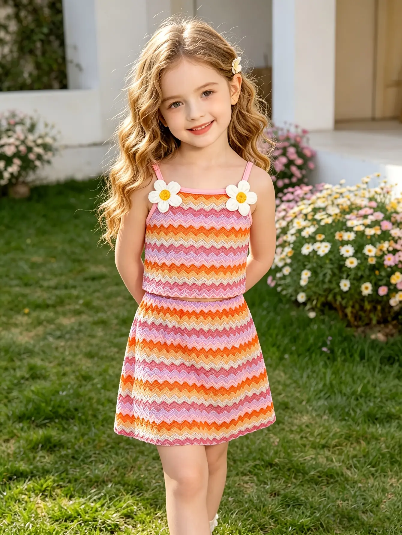 Detail 4 of Girls Orange Striped Cami Top and Skirt Set by LUNORIANA