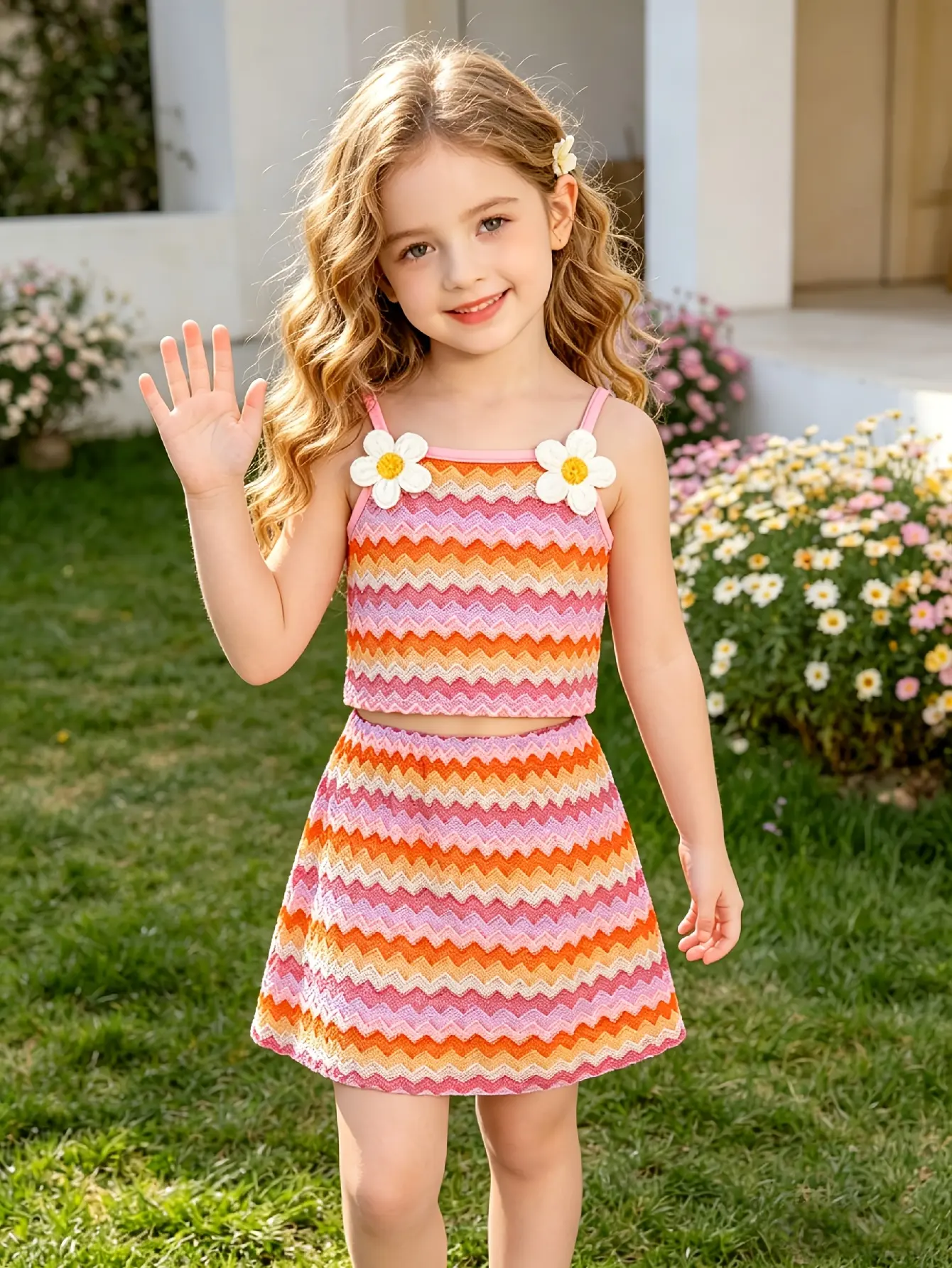 Detail 2 of Girls Orange Striped Cami Top and Skirt Set by LUNORIANA