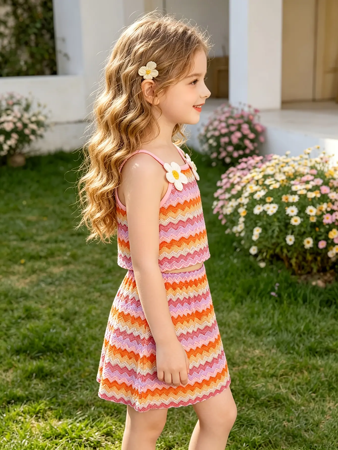 Detail 1 of Girls Orange Striped Cami Top and Skirt Set by LUNORIANA