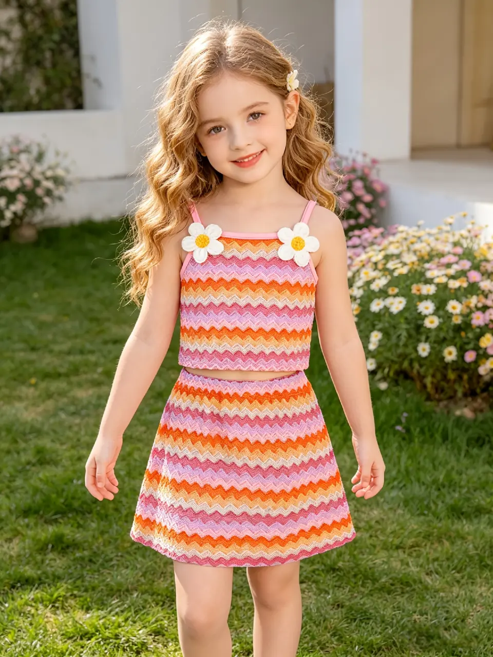 Girls Orange Striped Cami Top and Skirt Set