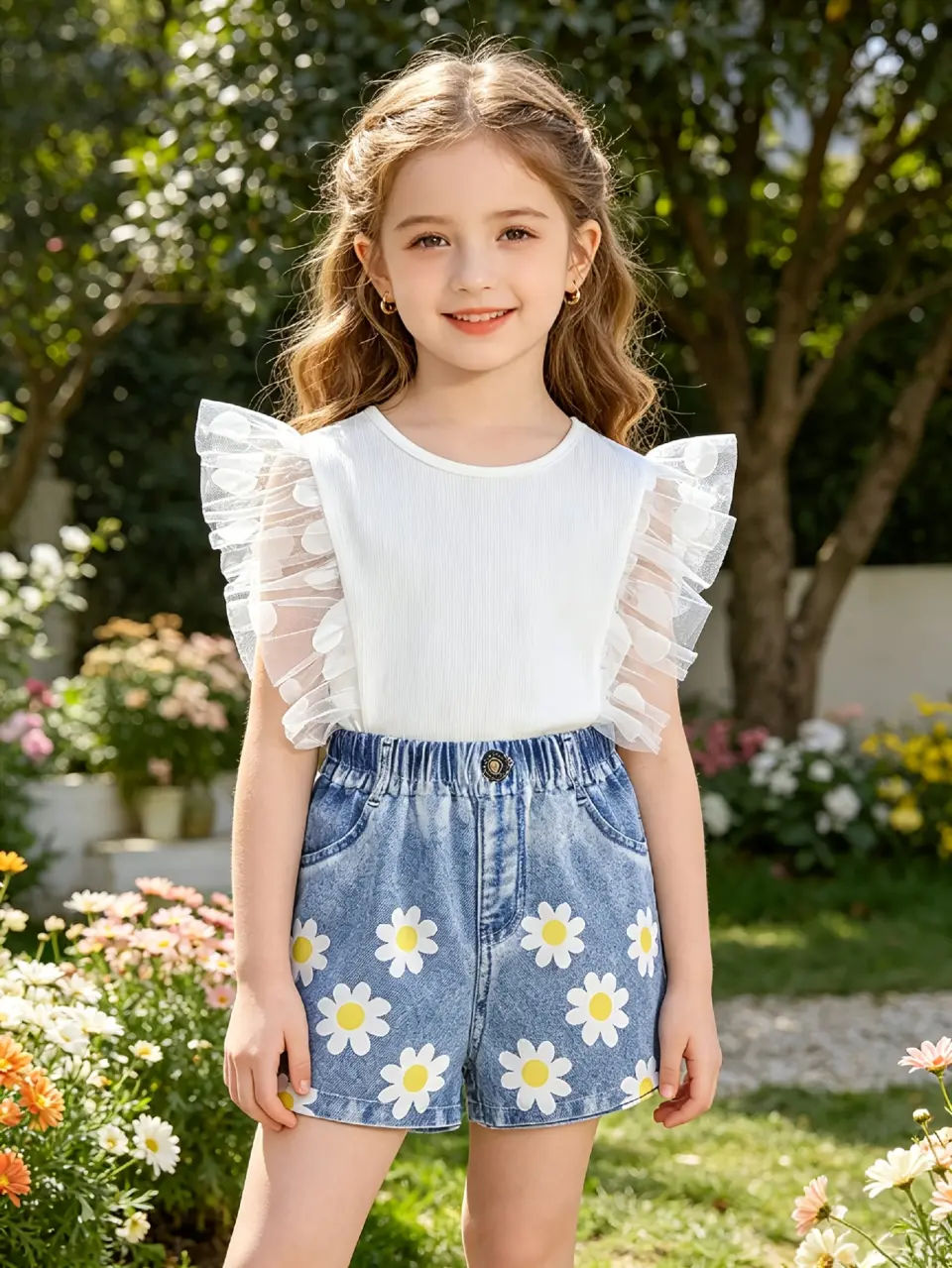Girls Daisy Print Denim-Look Shorts Set with Tulle Ruffle Top