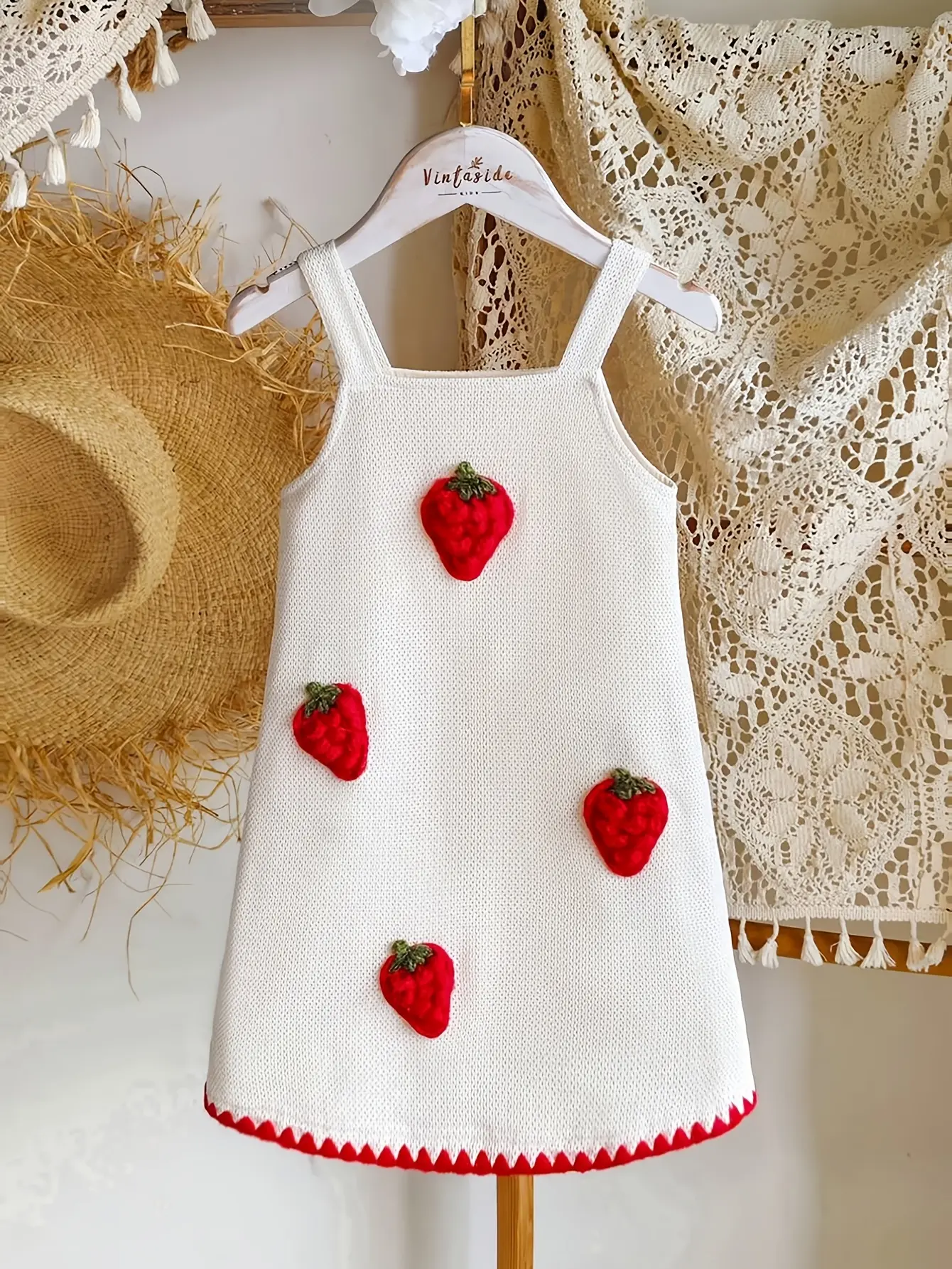 Girls Red Strawberry Applique Strap Dress