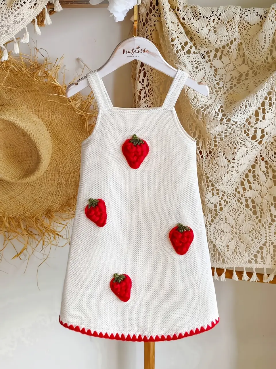 Girls Red Strawberry Applique Strap Dress