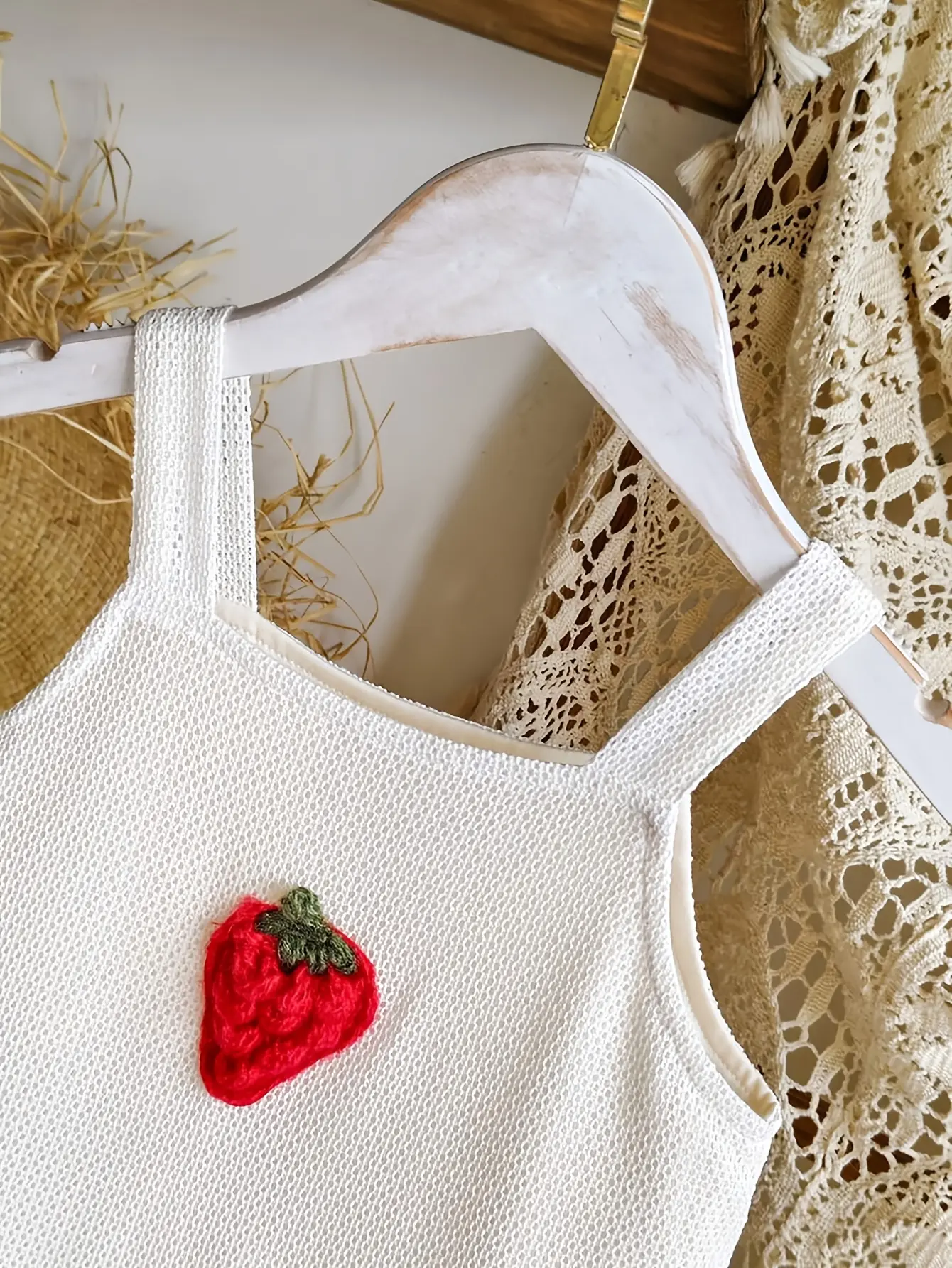 Detail 2 of Girls Red Strawberry Applique Strap Dress by LUNORIANA