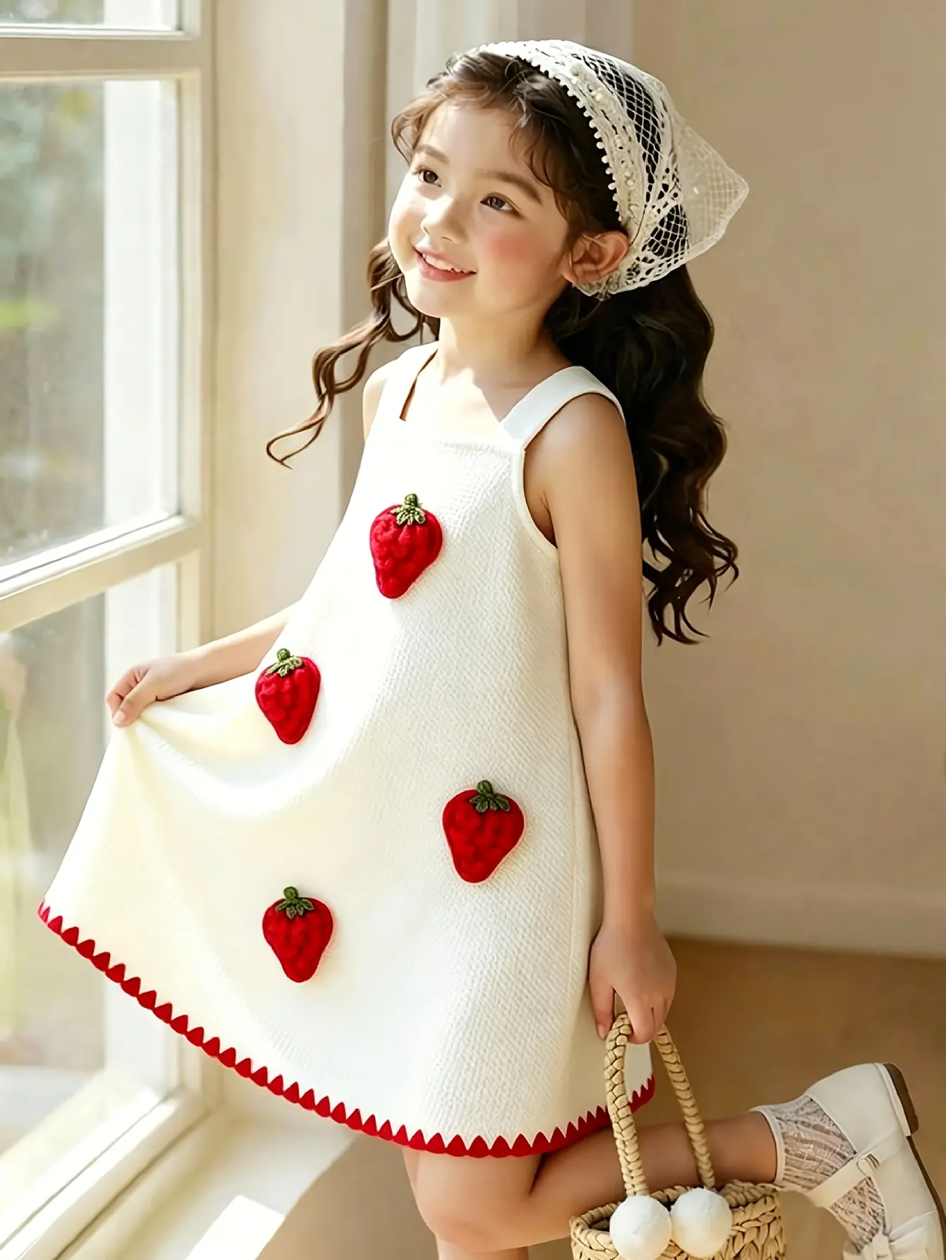 Detail 4 of Girls Red Strawberry Applique Strap Dress by LUNORIANA