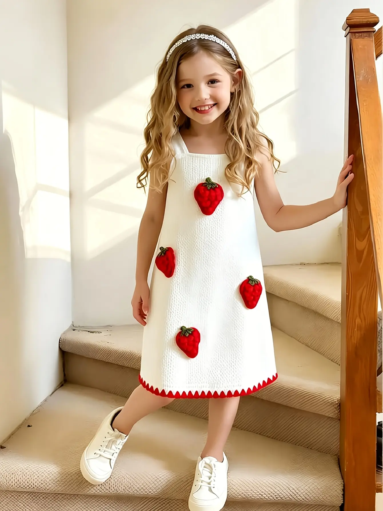Detail 3 of Girls Red Strawberry Applique Strap Dress by LUNORIANA