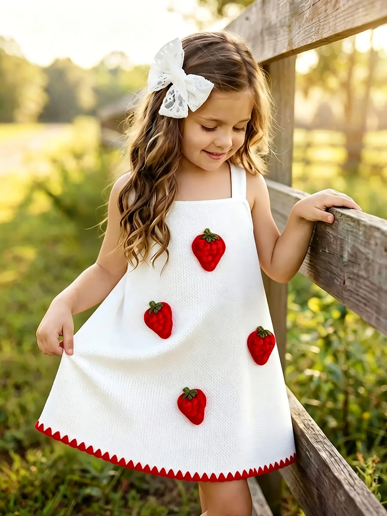 Detail 5 of Girls Red Strawberry Applique Strap Dress by LUNORIANA
