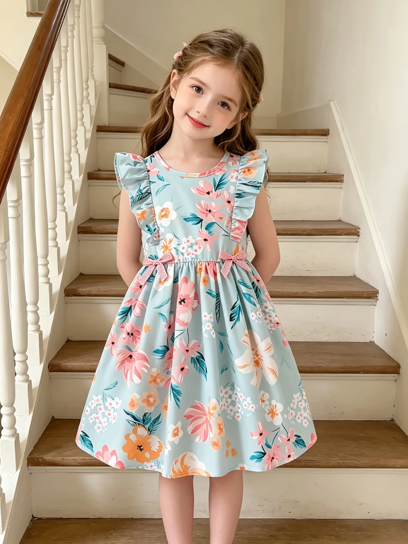 Detail 5 of Girls Floral Print Flutter Sleeve Party Dress by LUNORIANA
